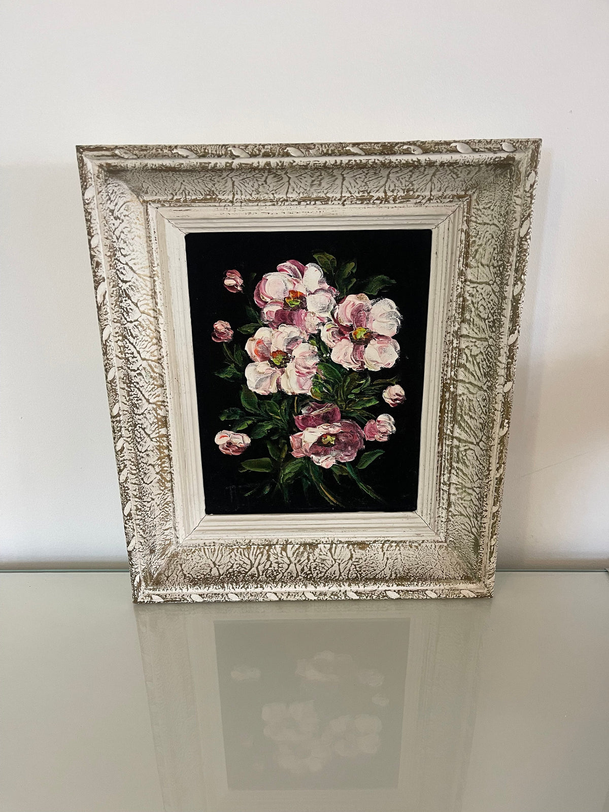 Tableau fleur peinture à l'huile sur velours noir