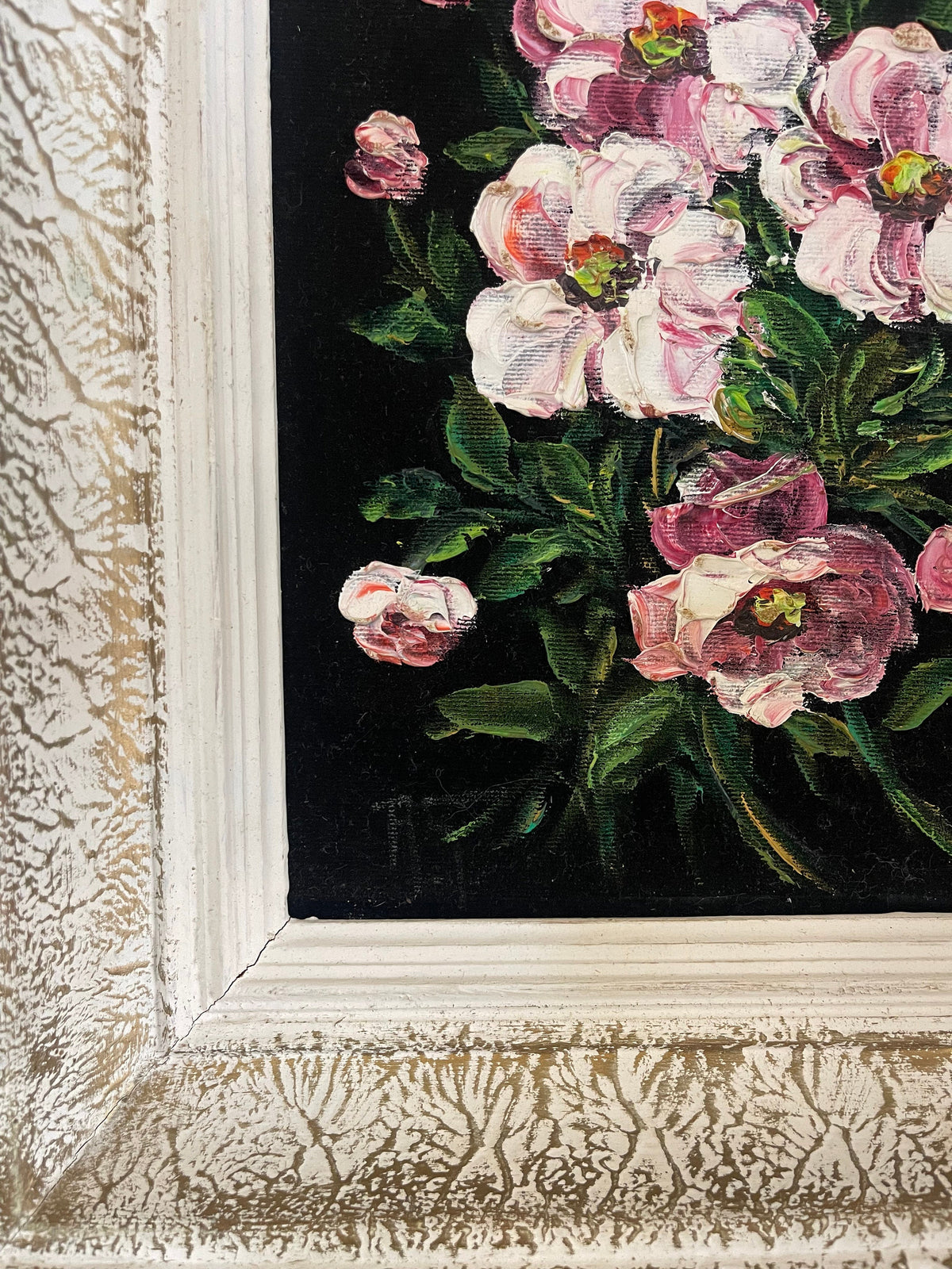 Tableau fleur peinture à l'huile sur velours noir