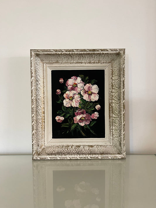 Tableau fleur peinture à l'huile sur velours noir