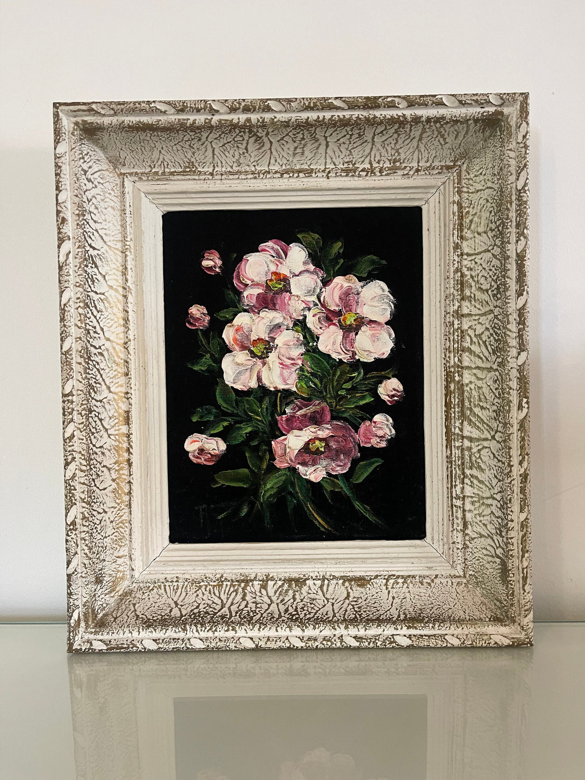 Tableau fleur peinture à l'huile sur velours noir