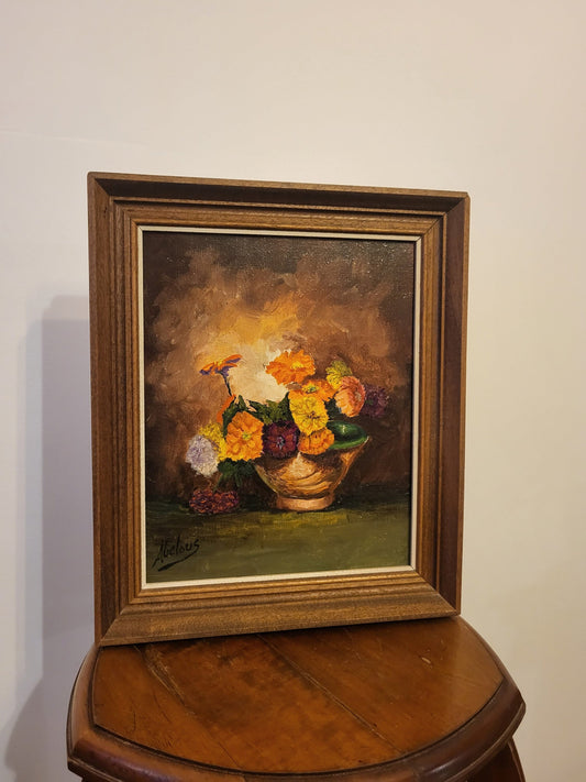 Tableau peinture à l'huile fleurs cadre en bois