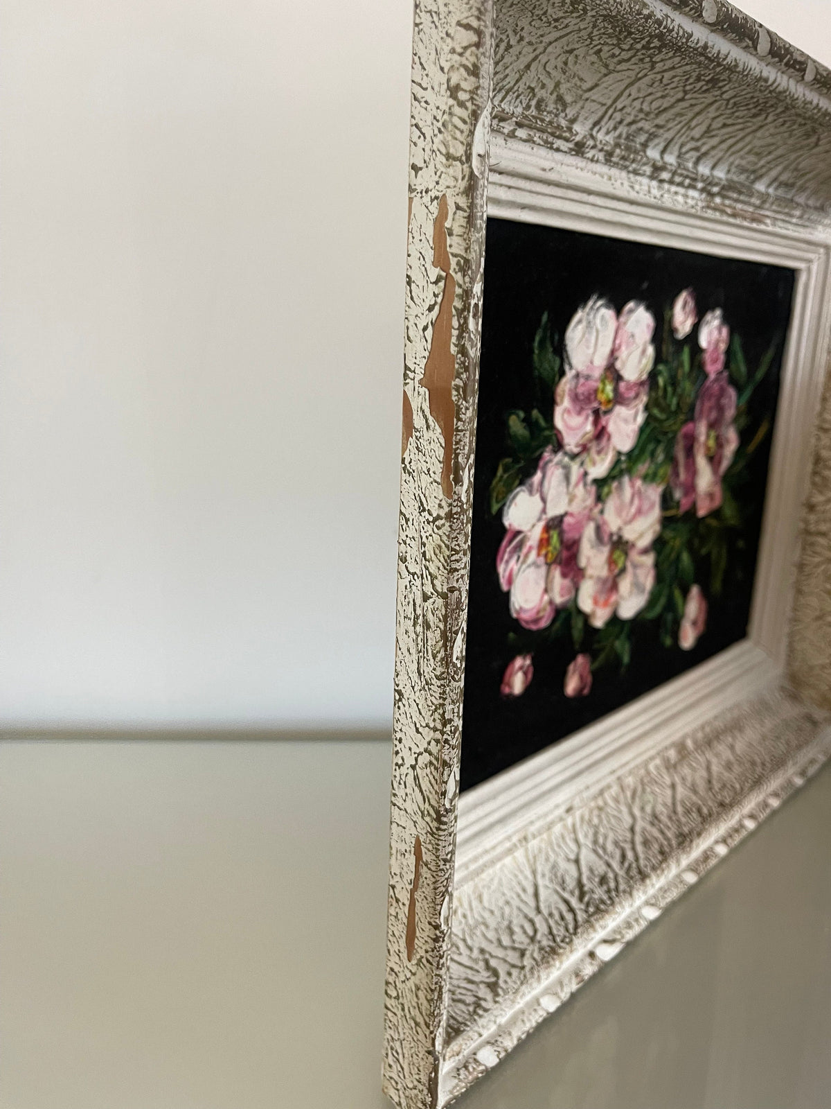 Tableau fleur peinture à l'huile sur velours noir