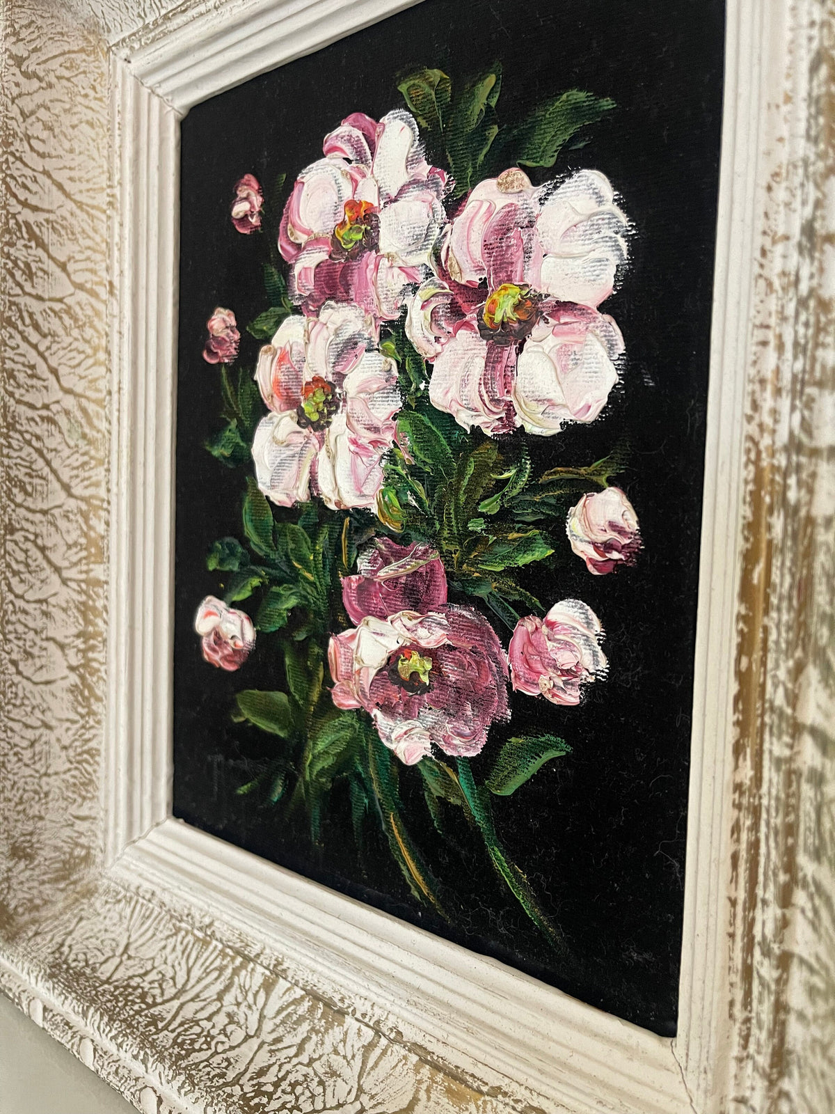 Tableau fleur peinture à l'huile sur velours noir