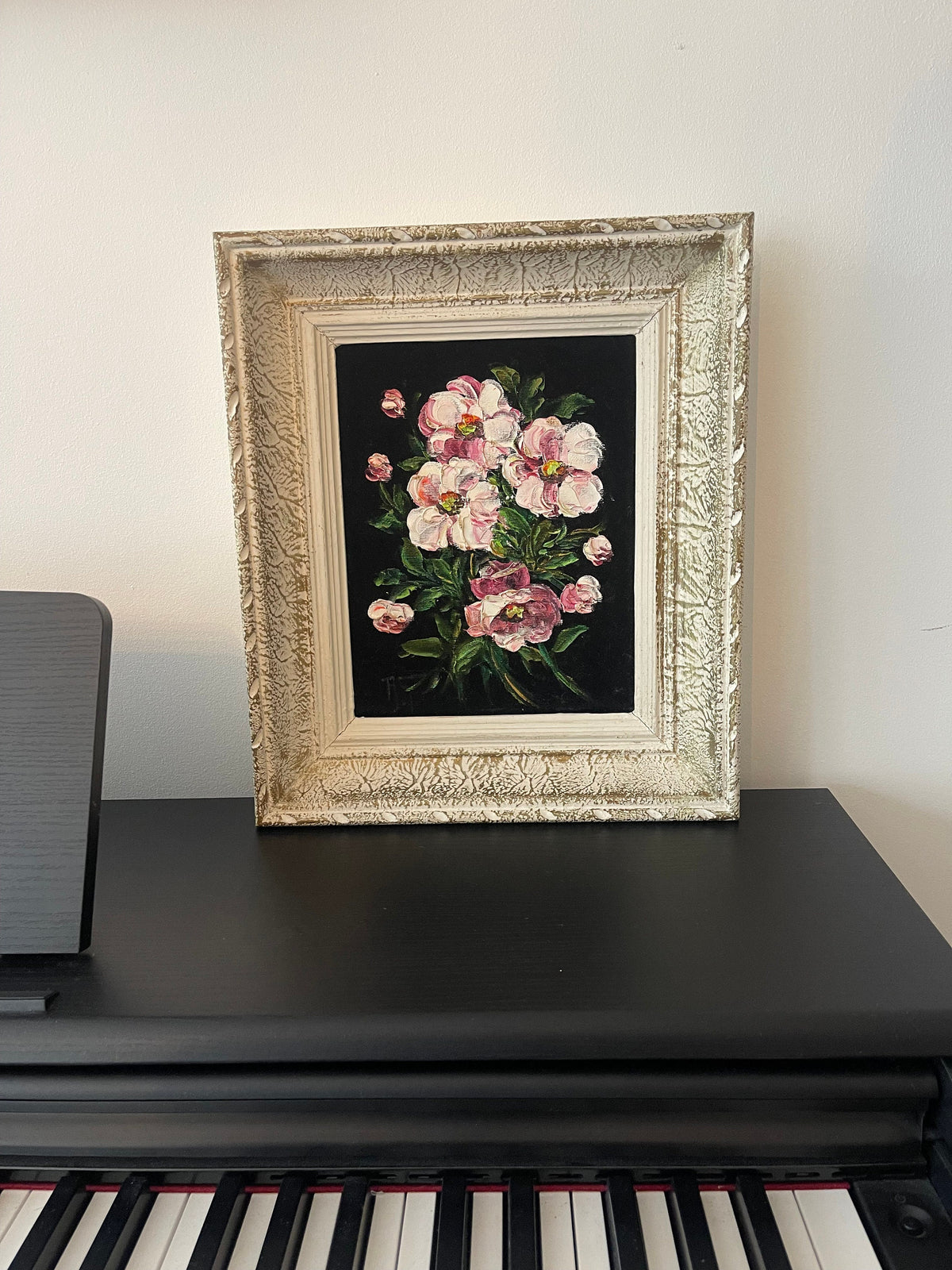 Tableau fleur peinture à l'huile sur velours noir