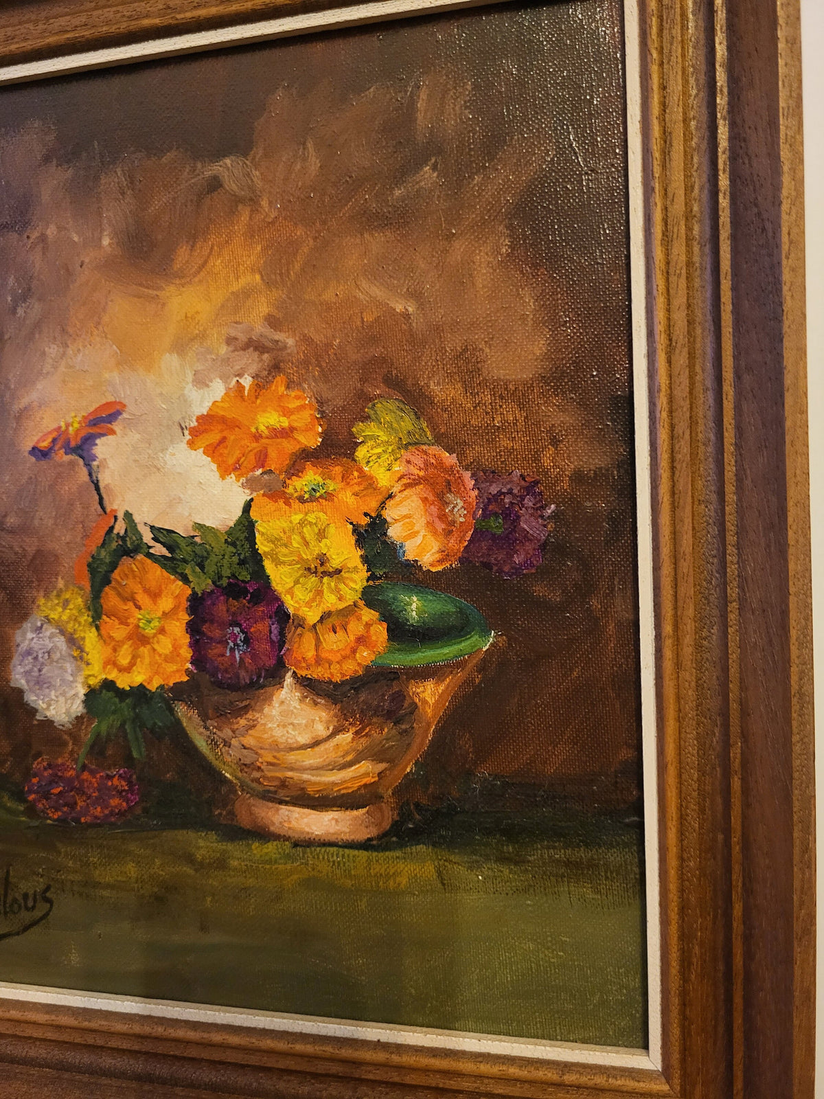 Tableau peinture à l'huile fleurs cadre en bois
