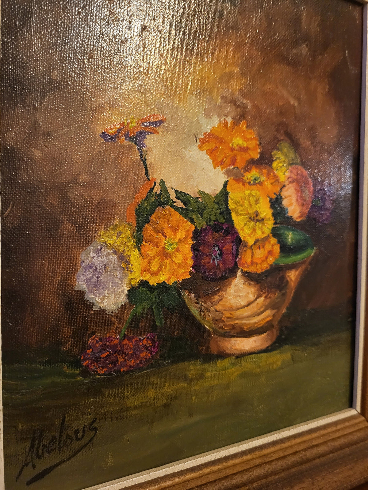 Tableau peinture à l'huile fleurs cadre en bois
