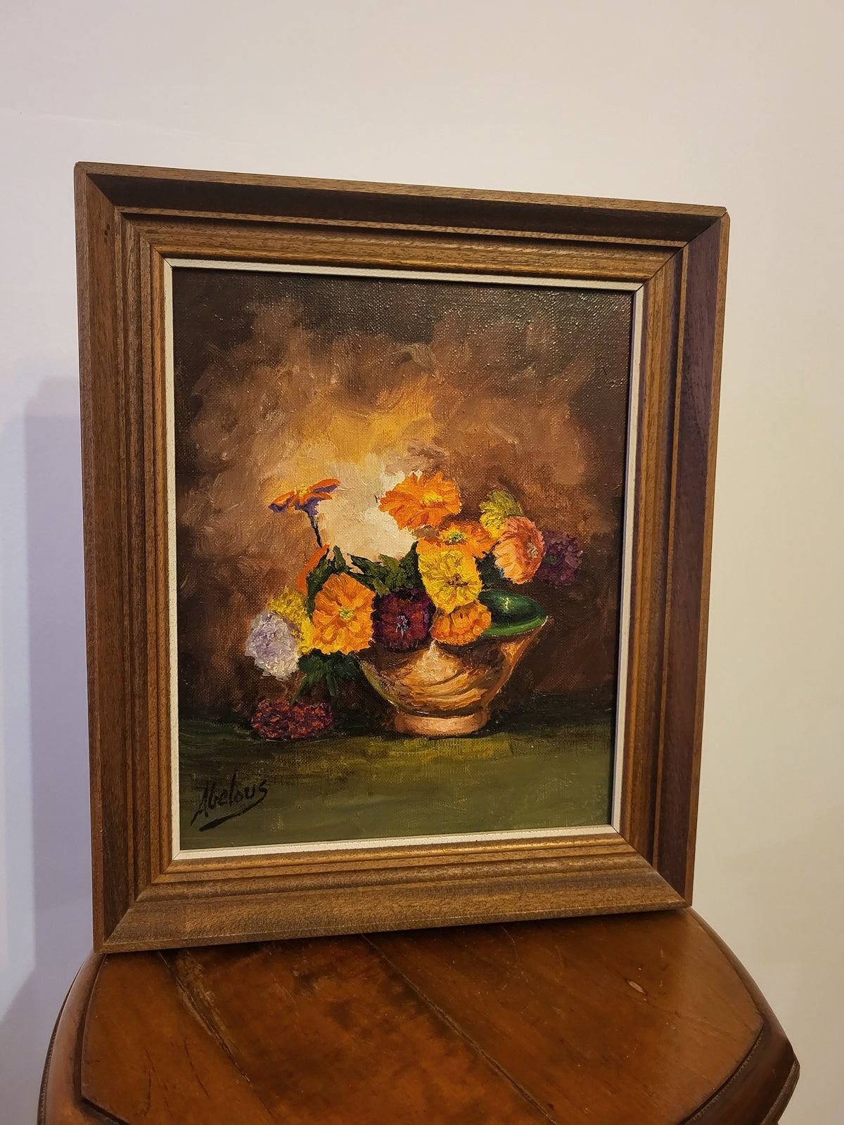 Tableau peinture à l'huile fleurs cadre en bois