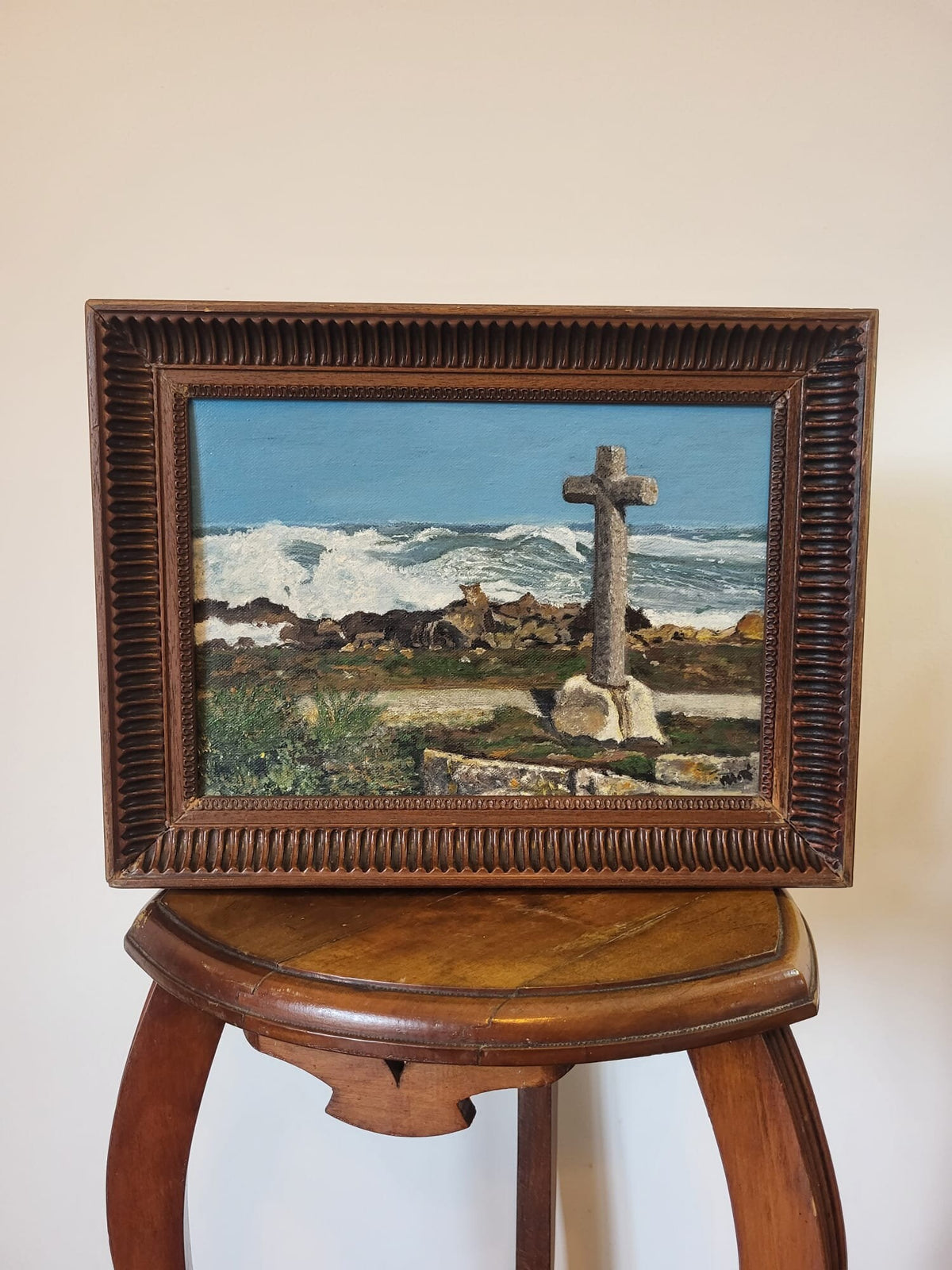 Tableau peinture huile sur toile cadre bois vintage