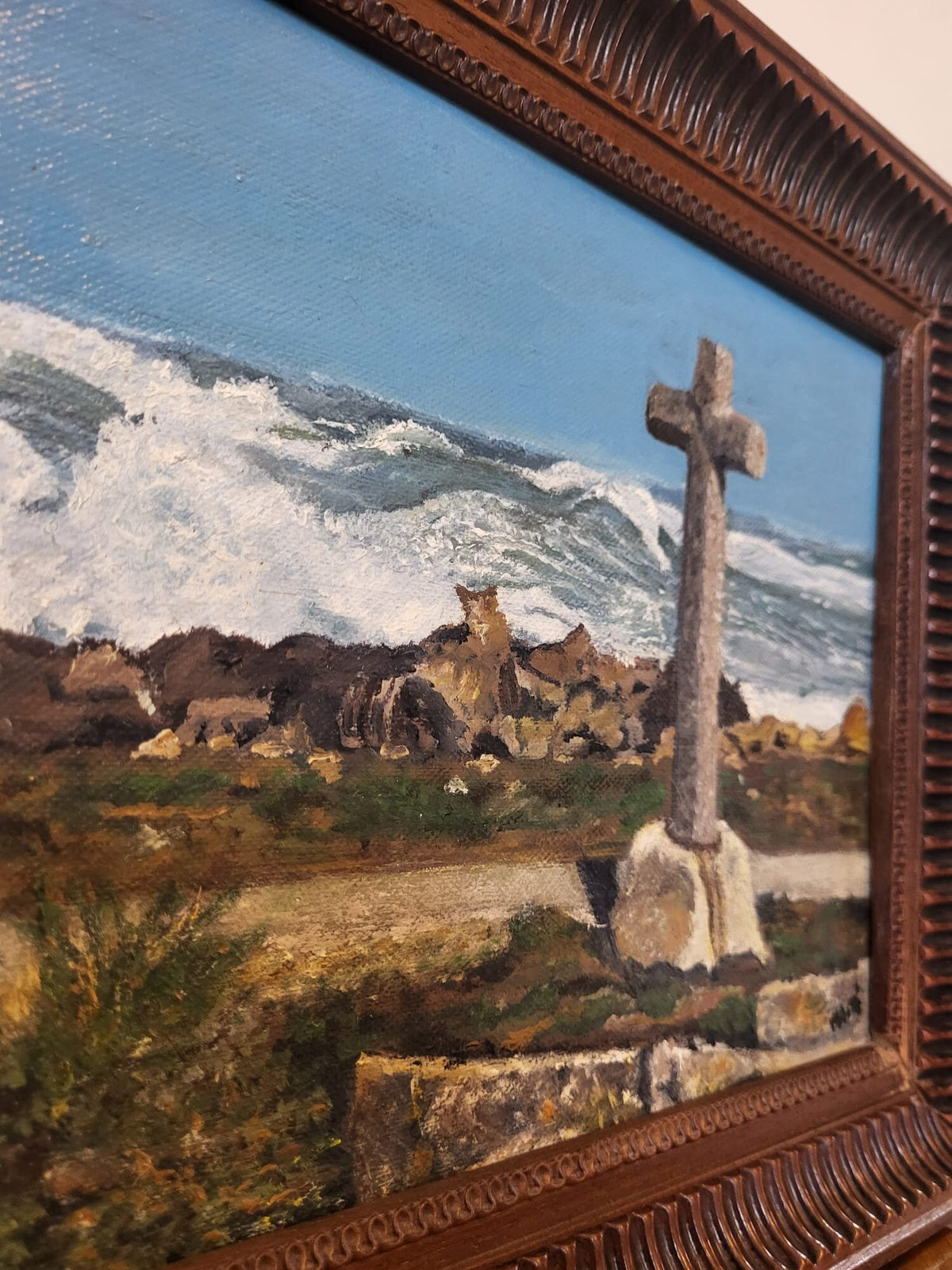 Tableau peinture huile sur toile cadre bois vintage