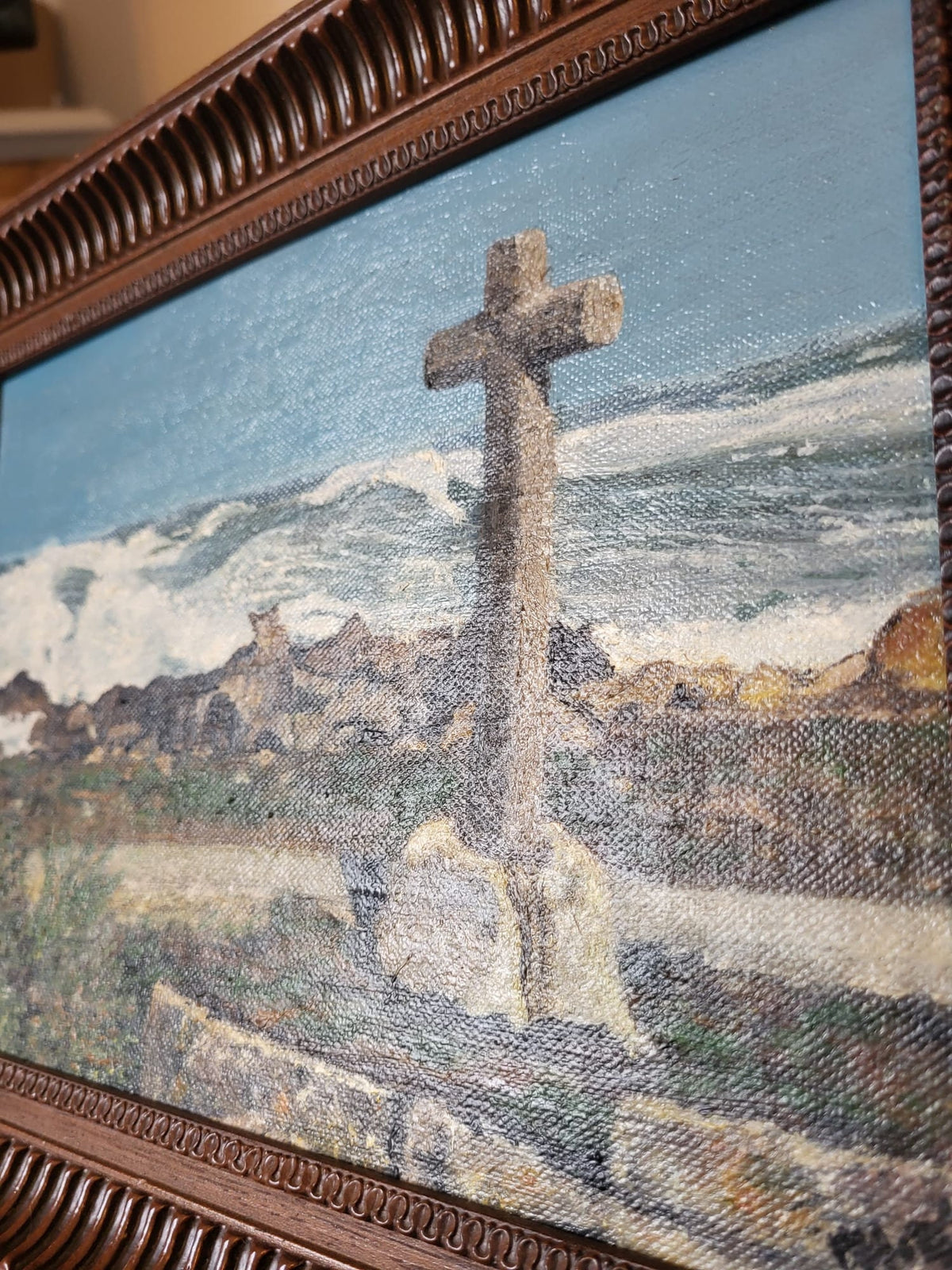 Tableau peinture huile sur toile cadre bois vintage