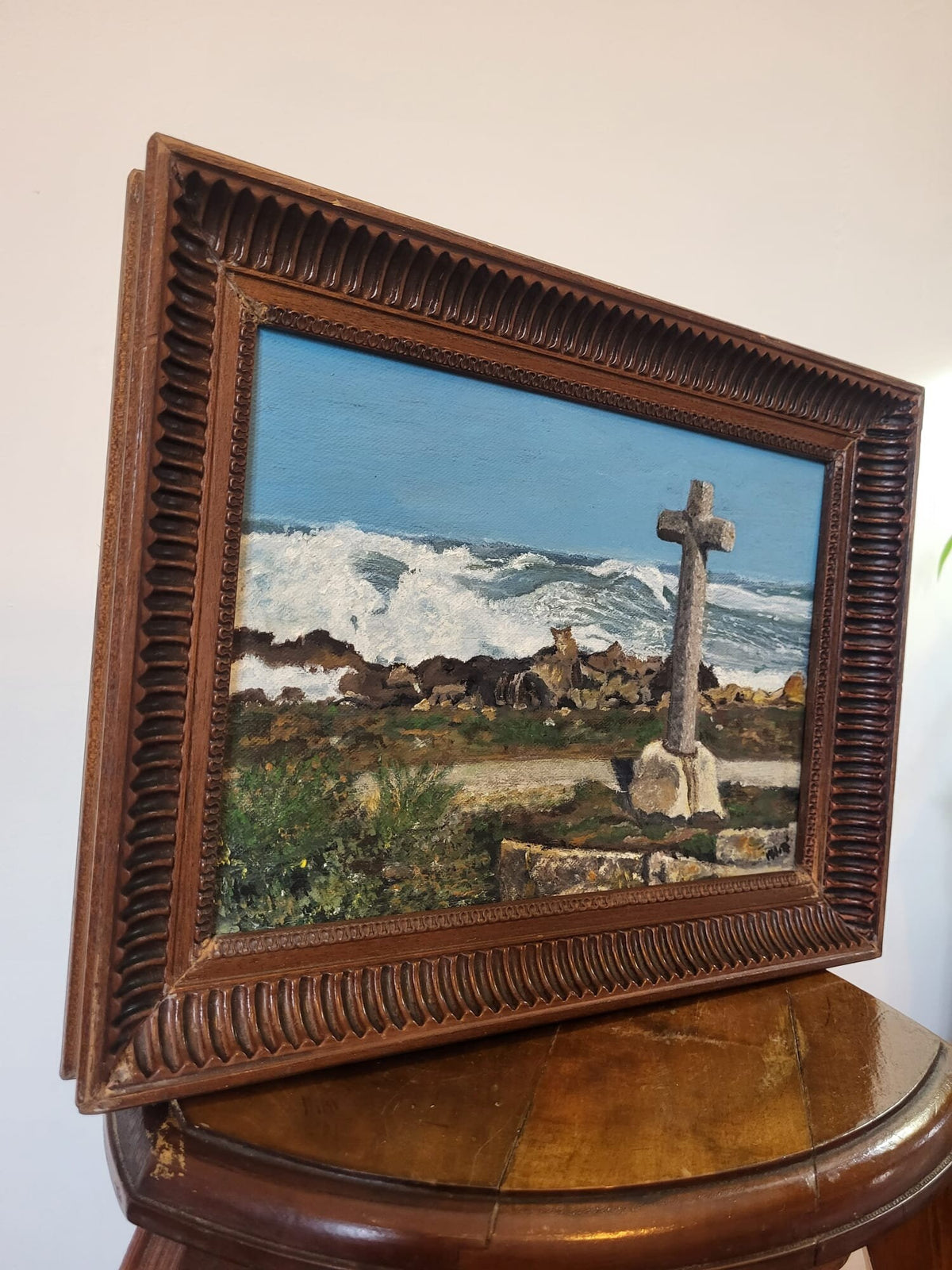 Tableau peinture huile sur toile cadre bois vintage