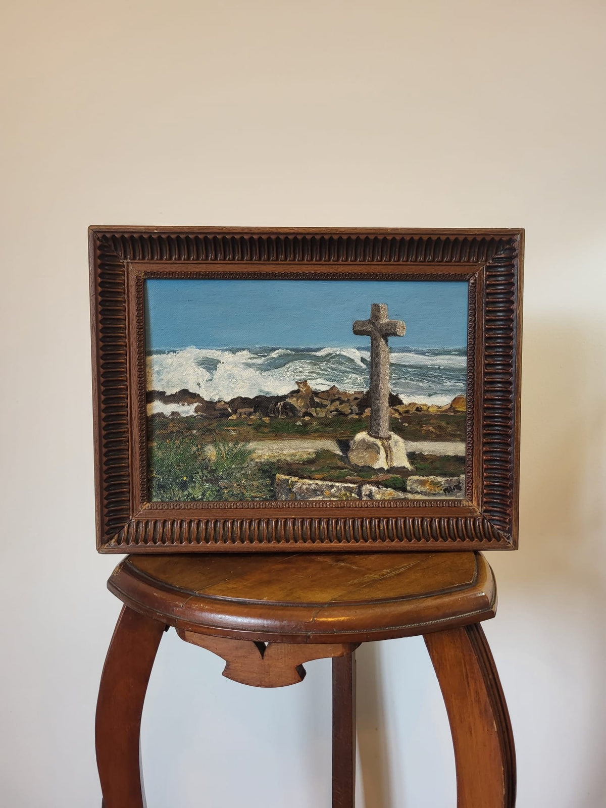 Tableau peinture huile sur toile cadre bois vintage