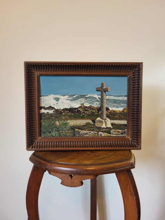 Tableau peinture huile sur toile cadre bois vintage