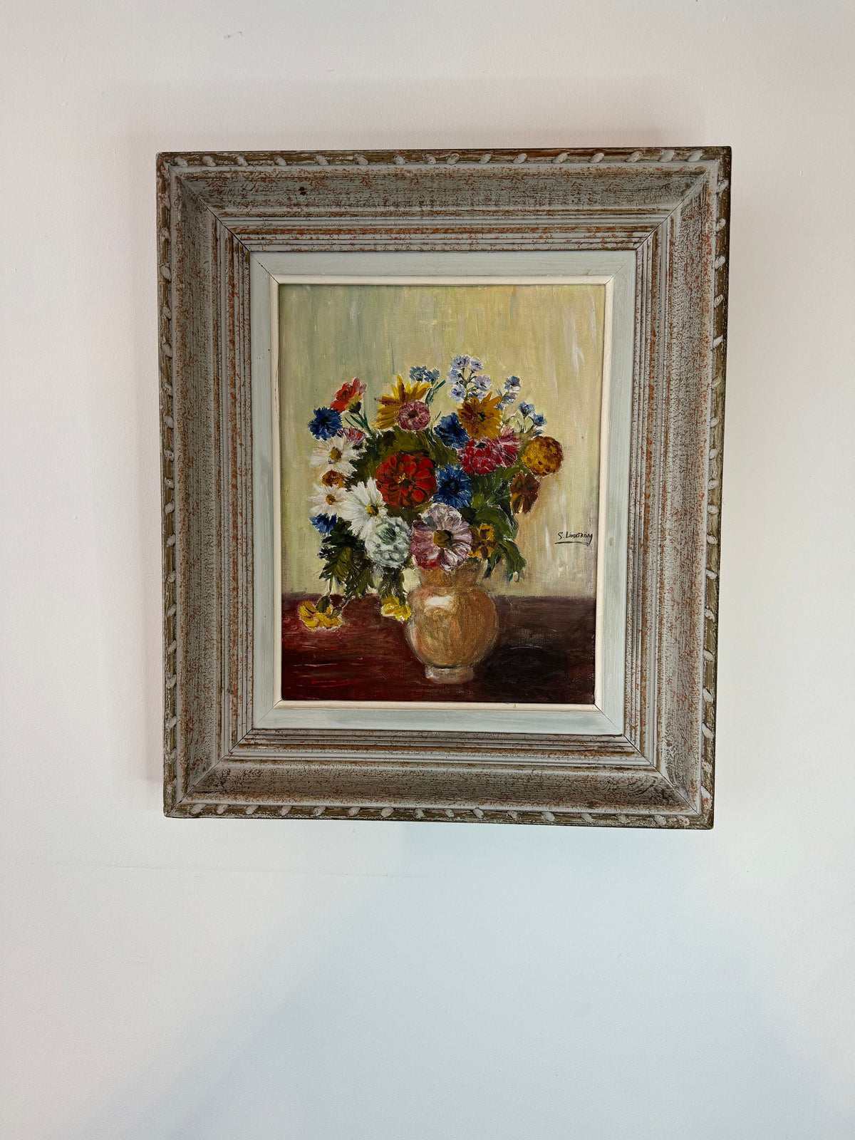 Tableau fleurs peinture à l'huile cadre bois