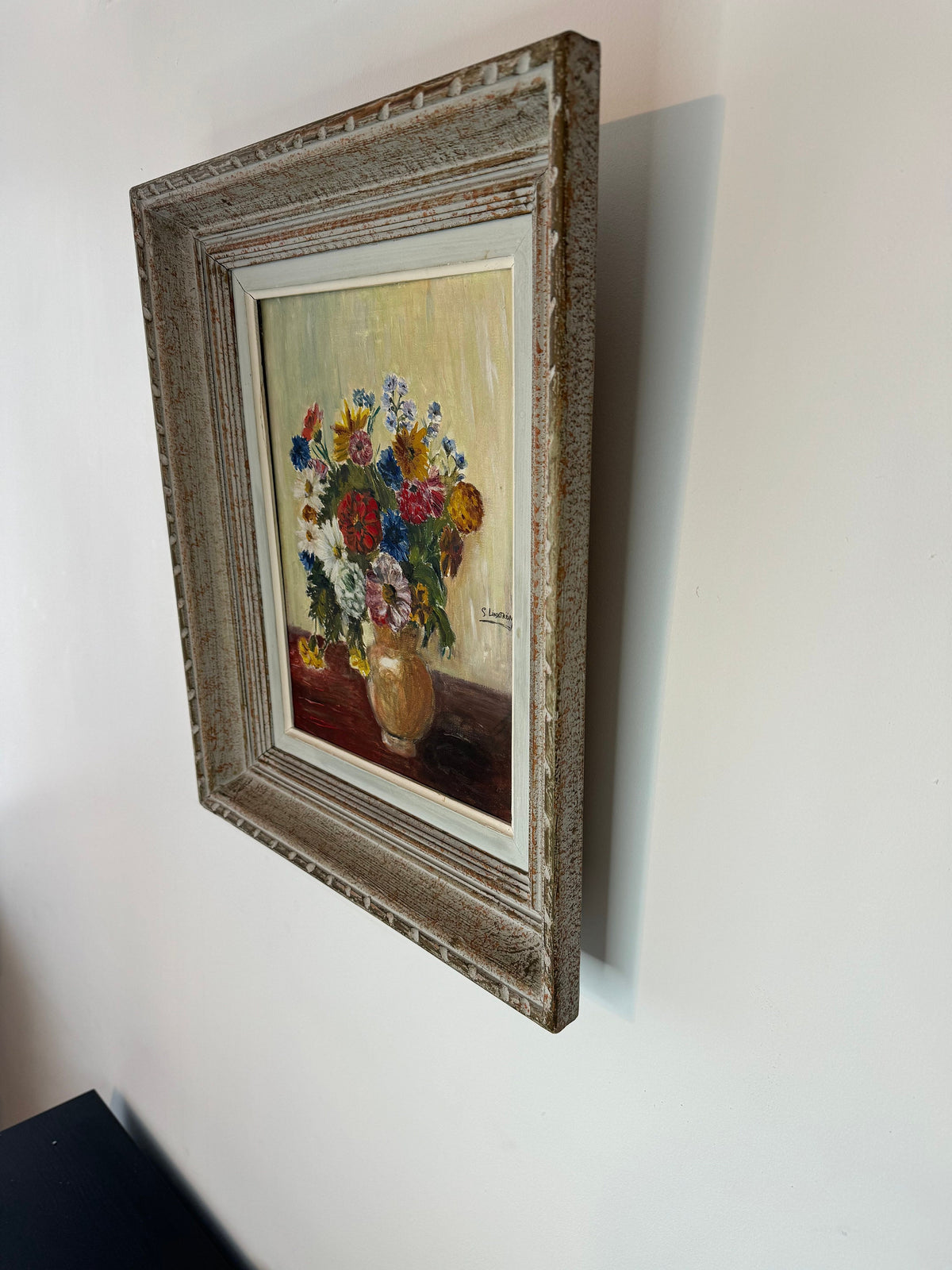 Tableau fleurs peinture à l'huile cadre bois