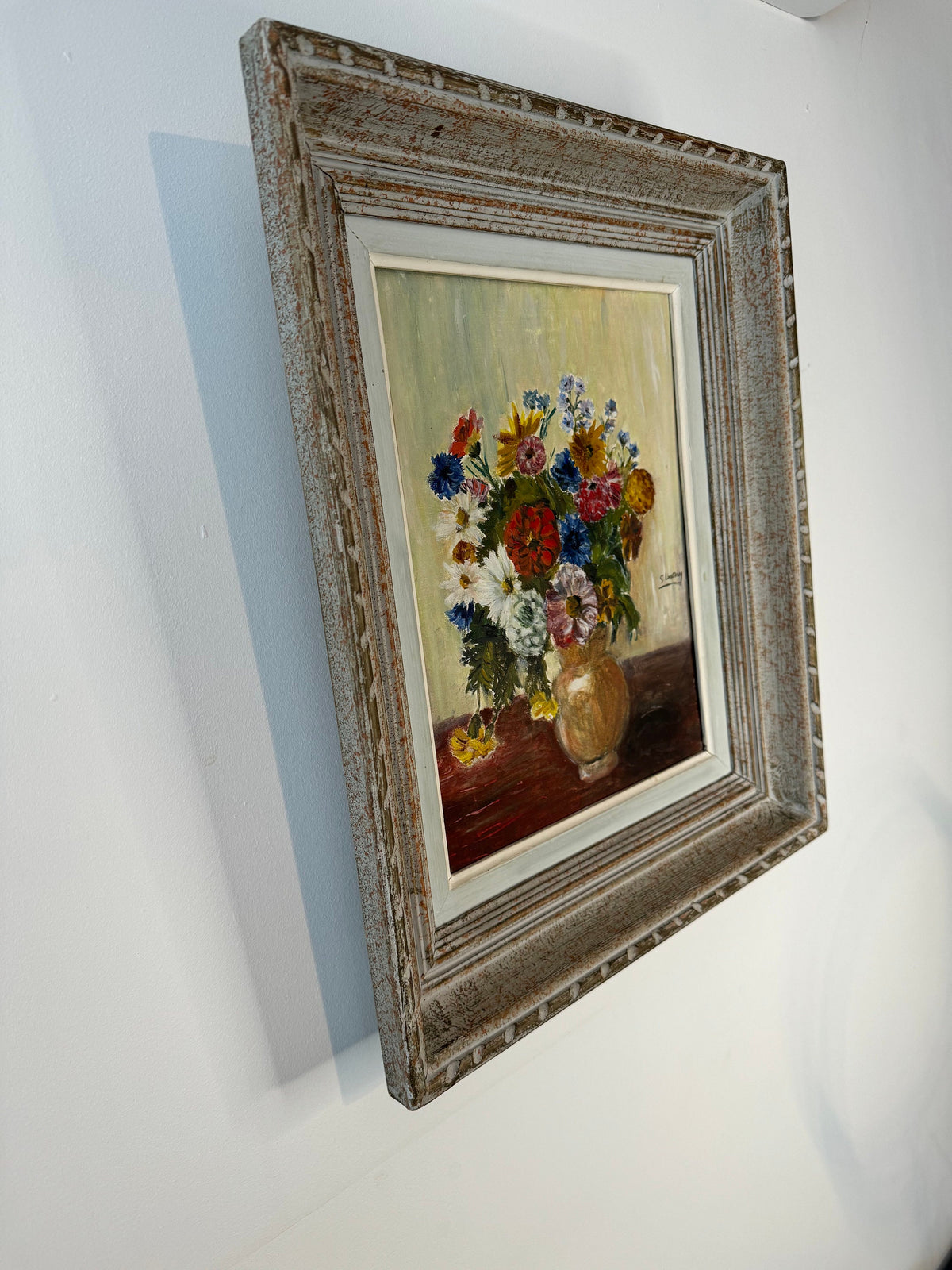 Tableau fleurs peinture à l'huile cadre bois