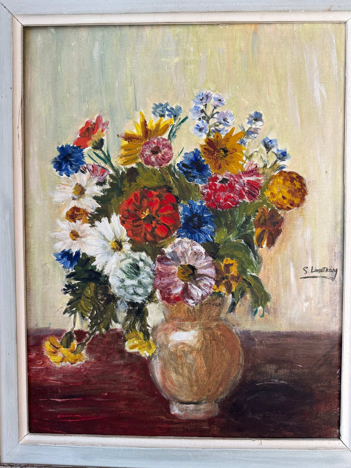 Tableau fleurs peinture à l'huile cadre bois