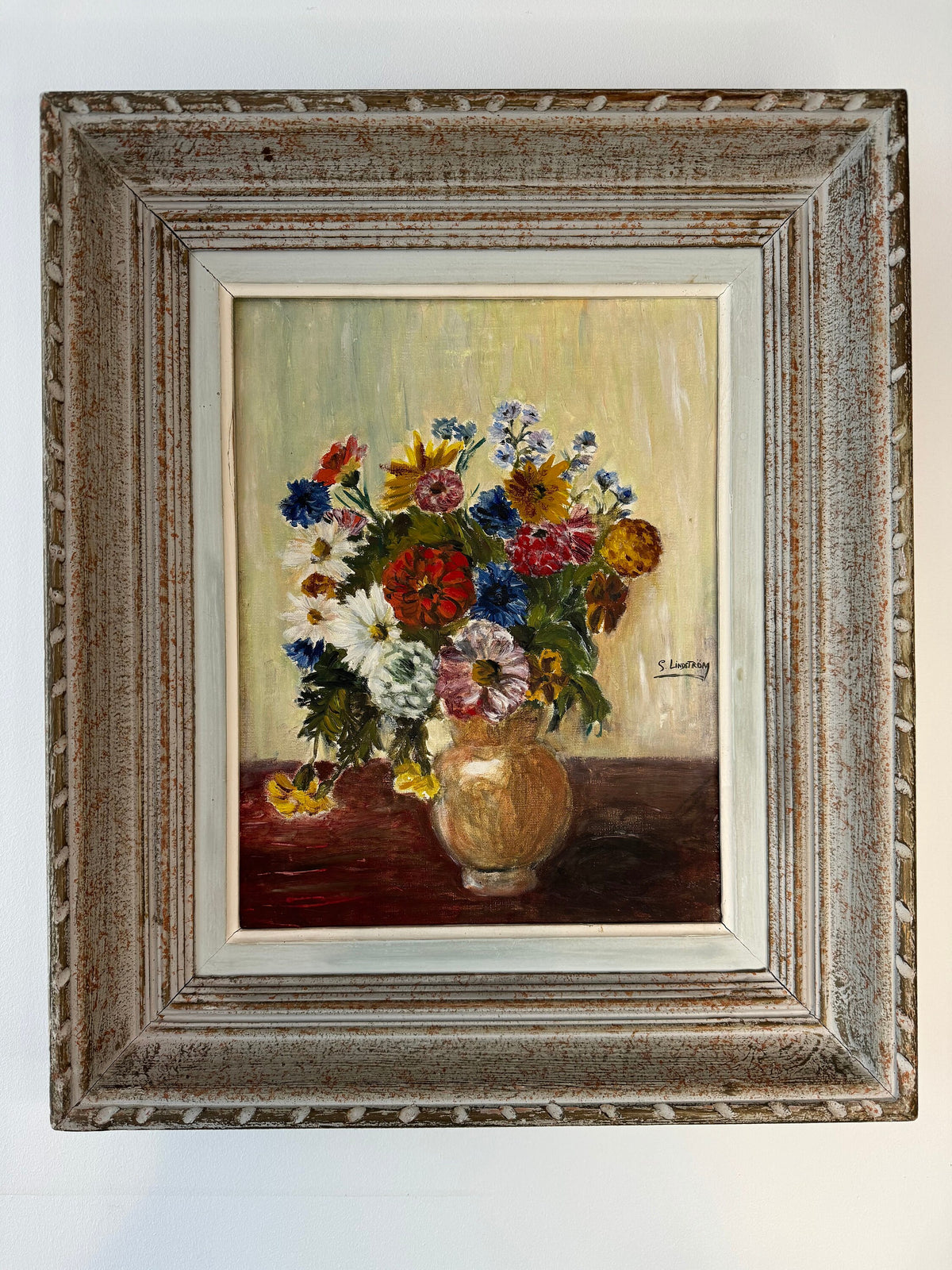Tableau fleurs peinture à l'huile cadre bois