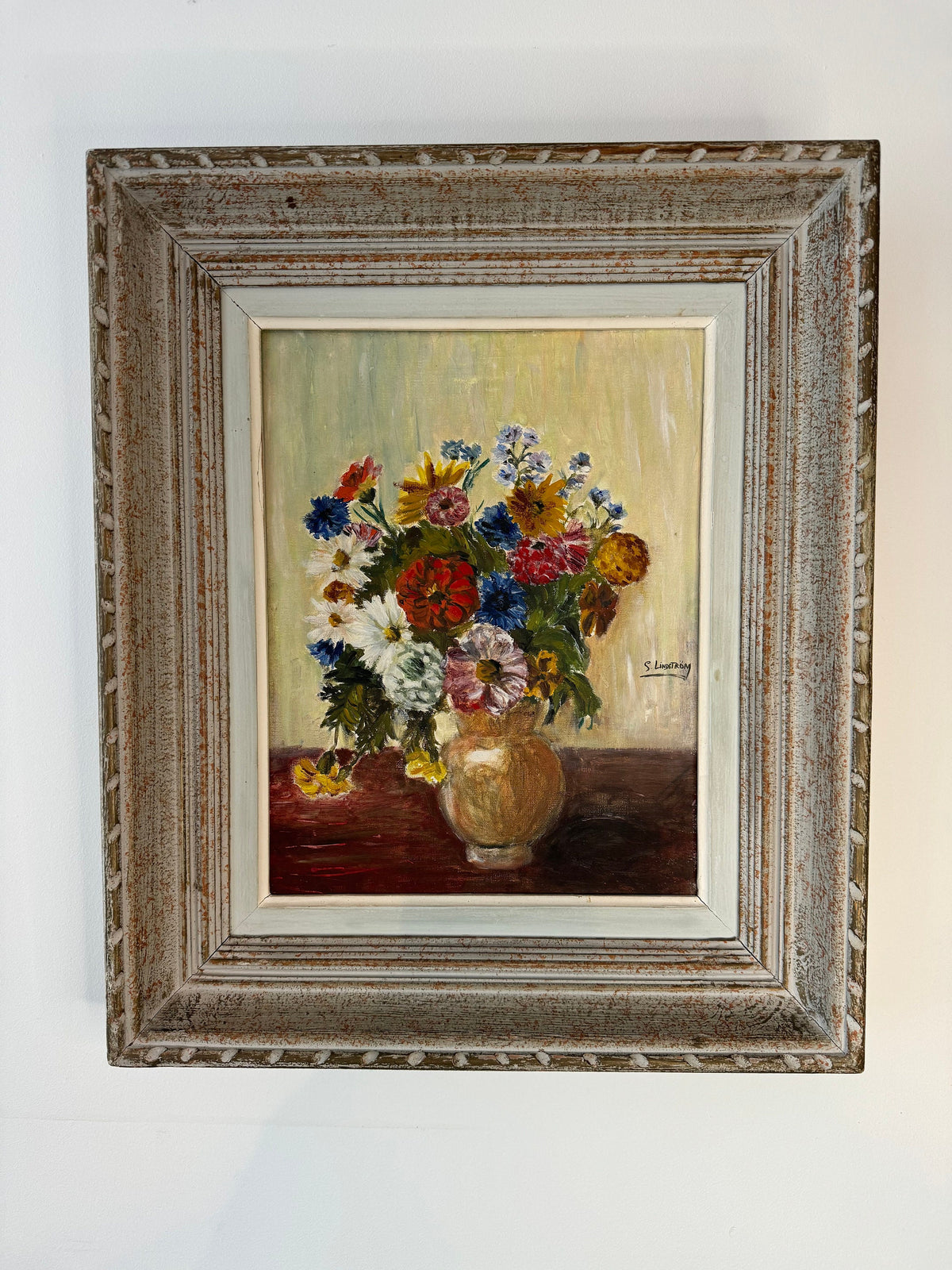 Tableau fleurs peinture à l'huile cadre bois