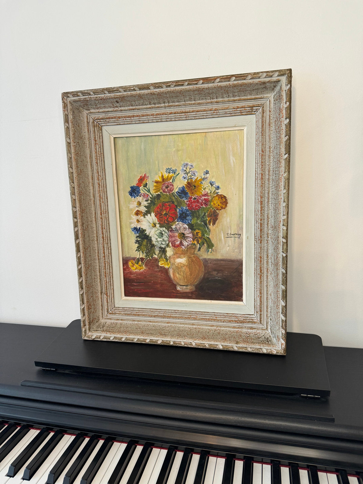 Tableau fleurs peinture à l'huile cadre bois