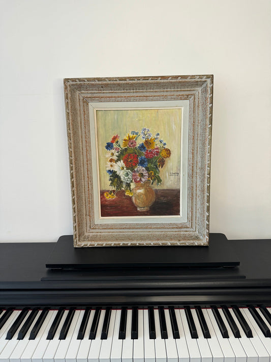 Tableau fleurs peinture à l'huile cadre bois