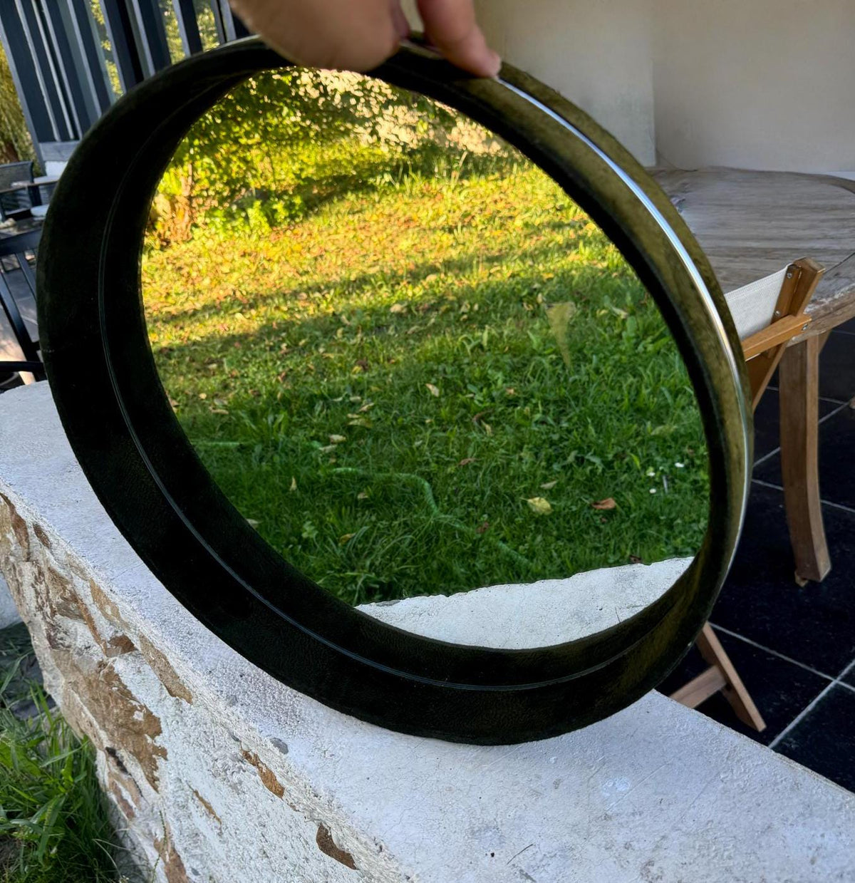 Miroir rond vintage tissu et métal