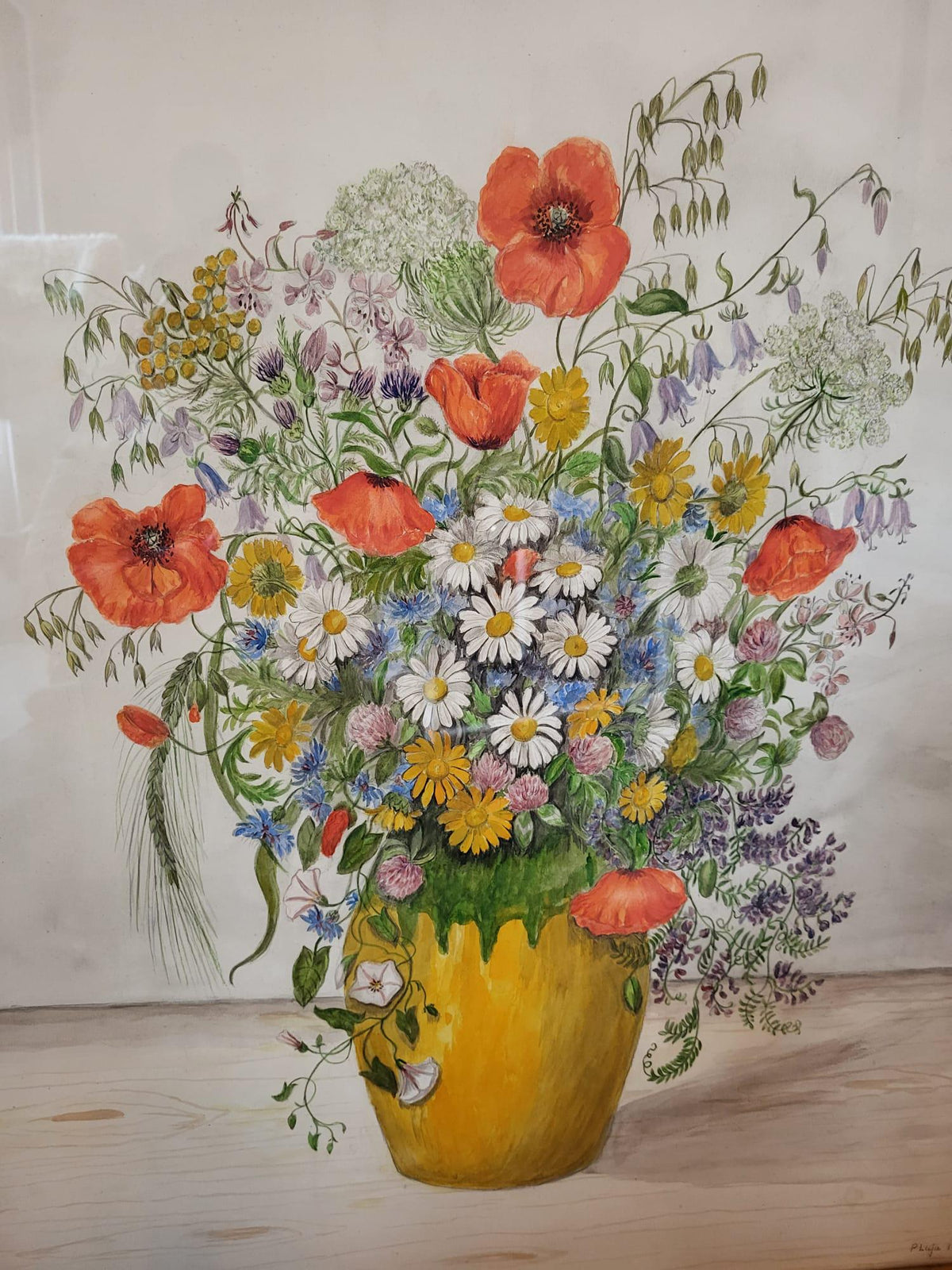 Tableau aquarelle fleurs cadre doré