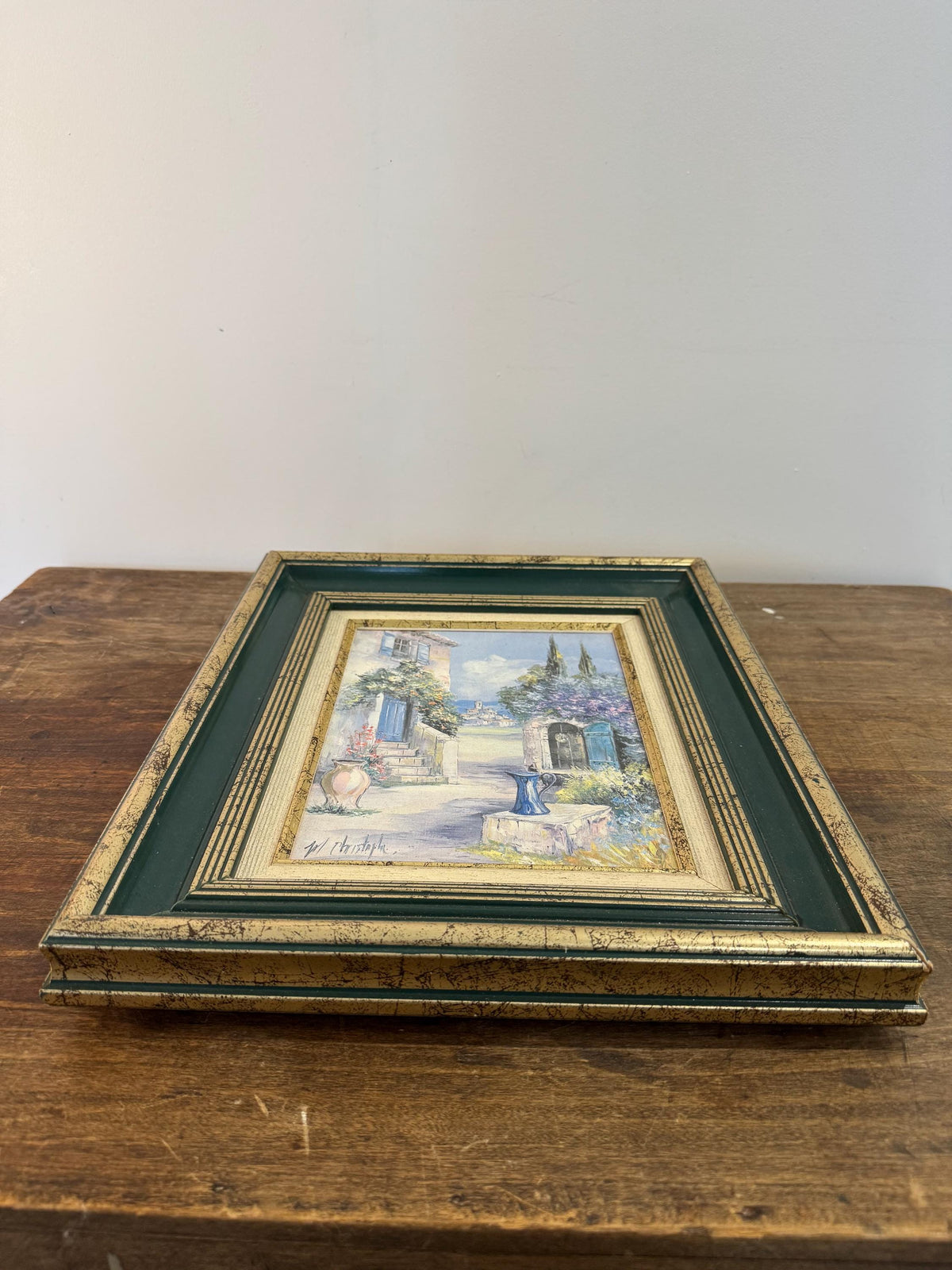 Tableau paysage cadre vert et doré