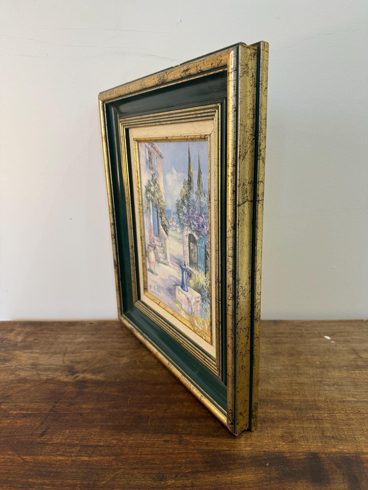 Tableau paysage cadre vert et doré