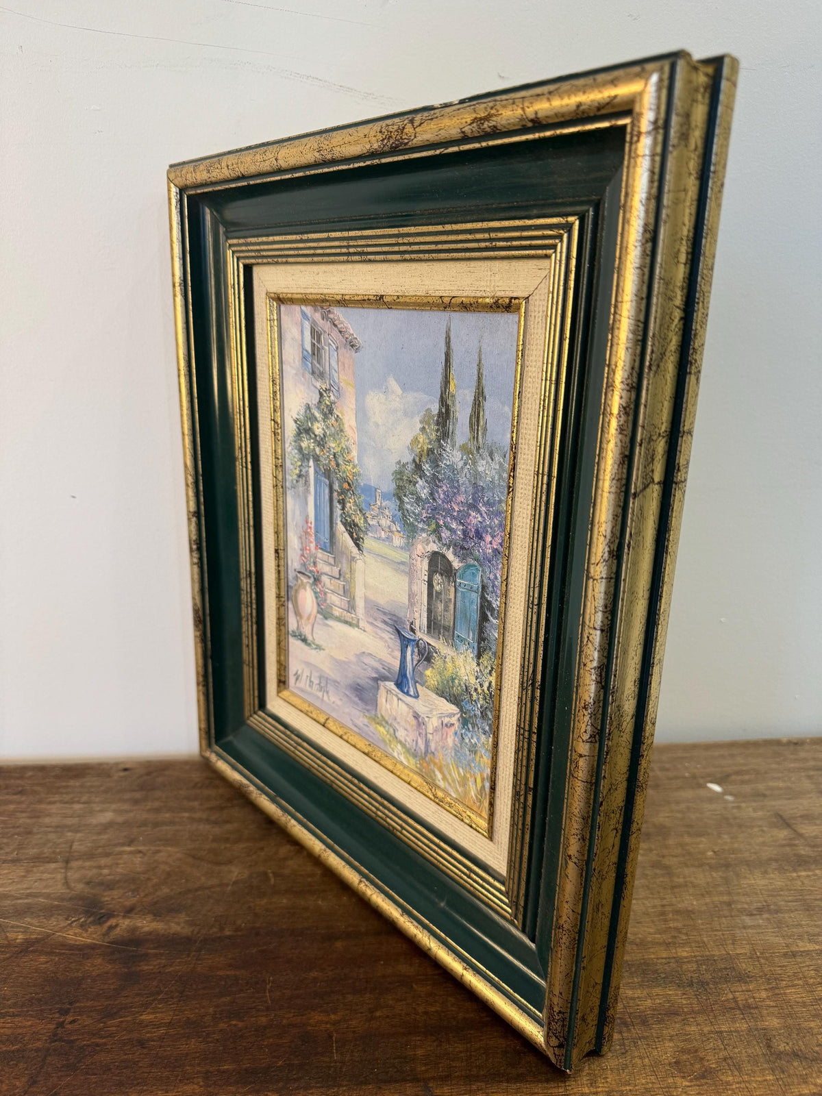 Tableau paysage cadre vert et doré