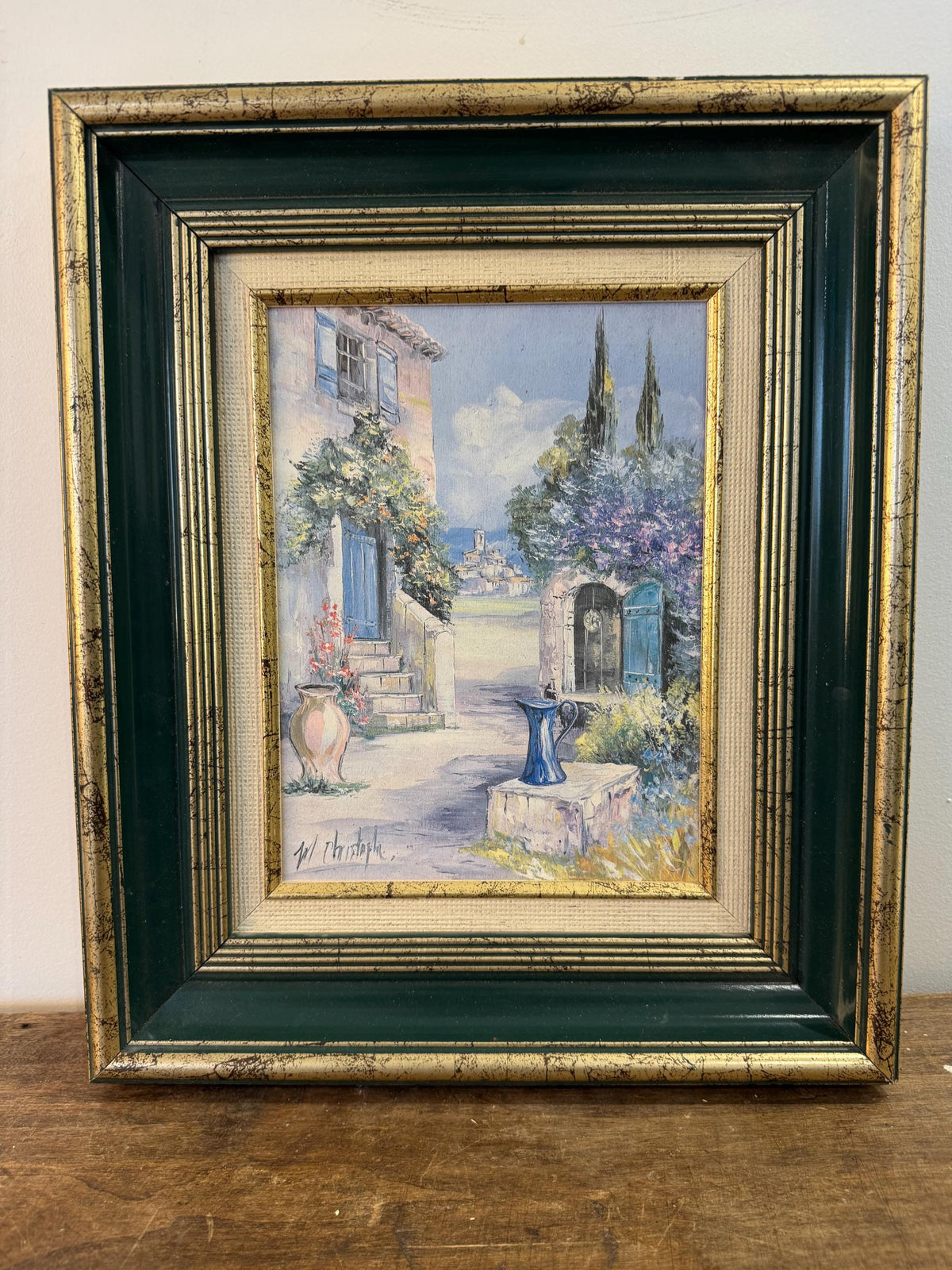 Tableau paysage cadre vert et doré