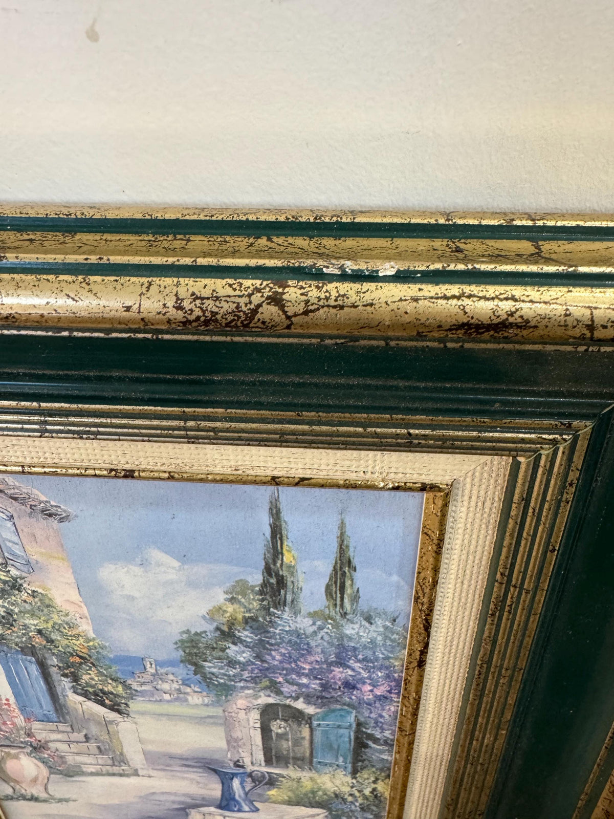 Tableau paysage cadre vert et doré