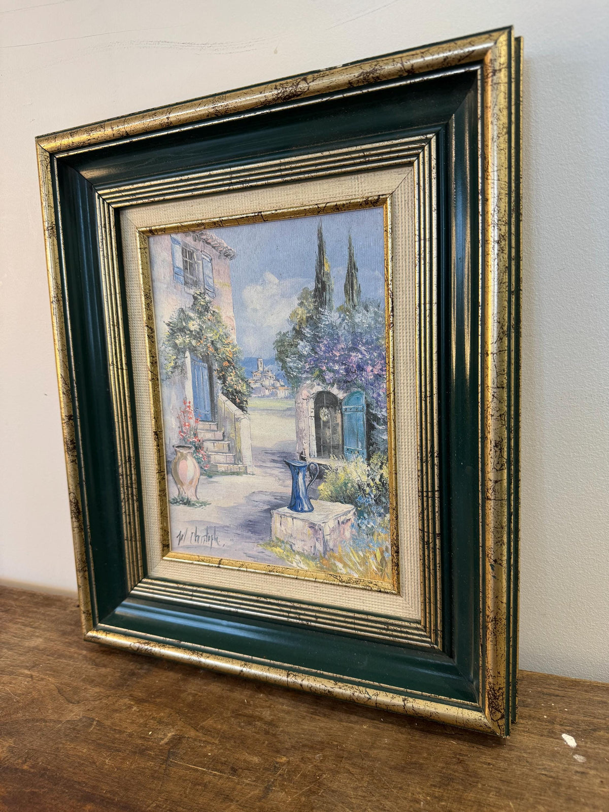 Tableau paysage cadre vert et doré