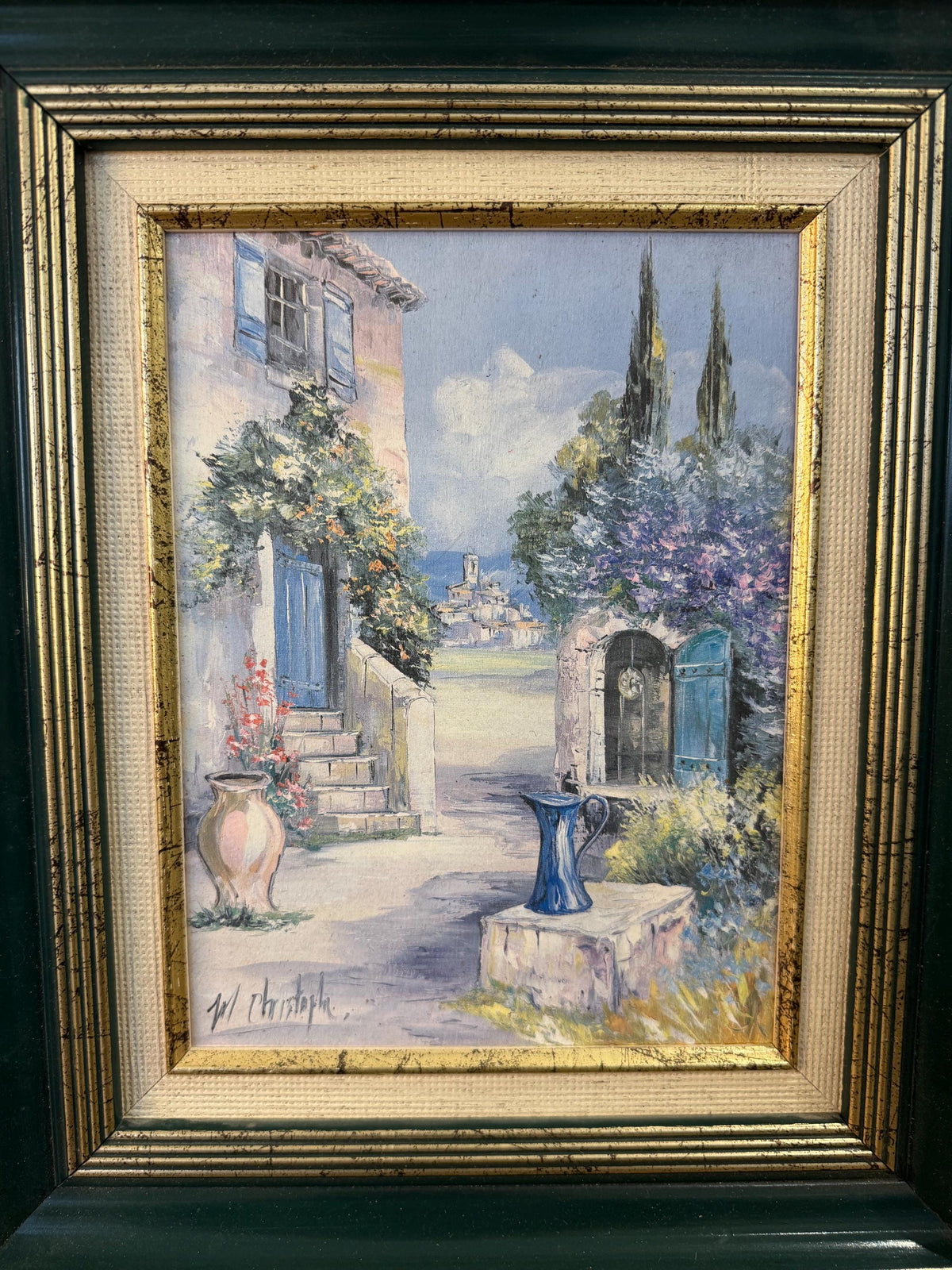 Tableau paysage cadre vert et doré