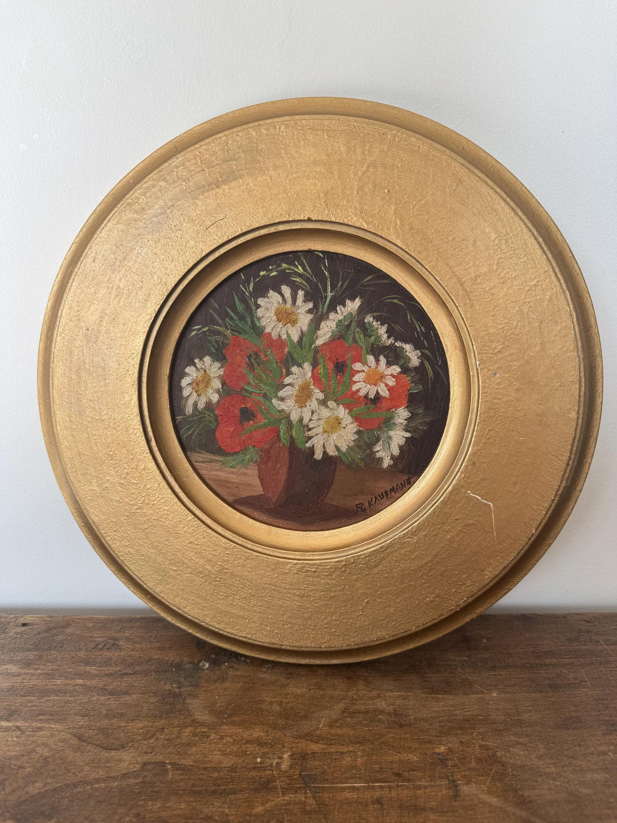 Tableau rond fleur peinture à l'huile vintage en bois doré