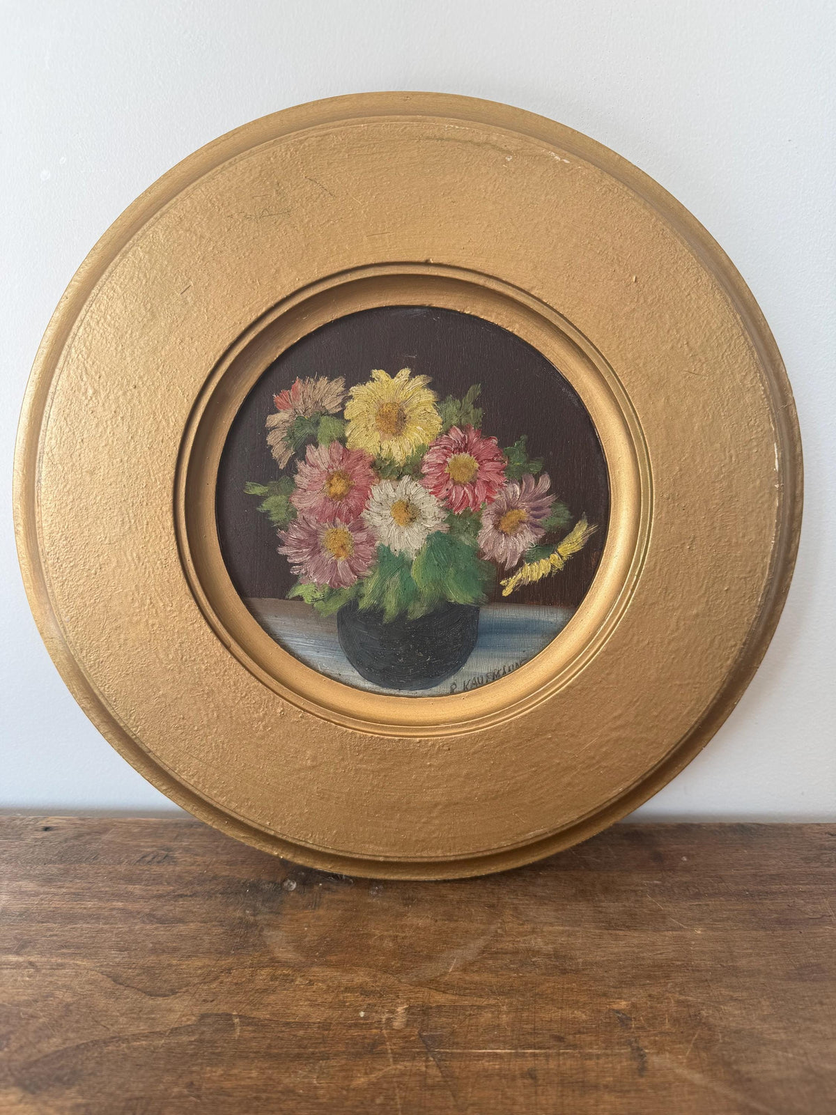Tableau rond fleur peinture à l'huile vintage en bois doré