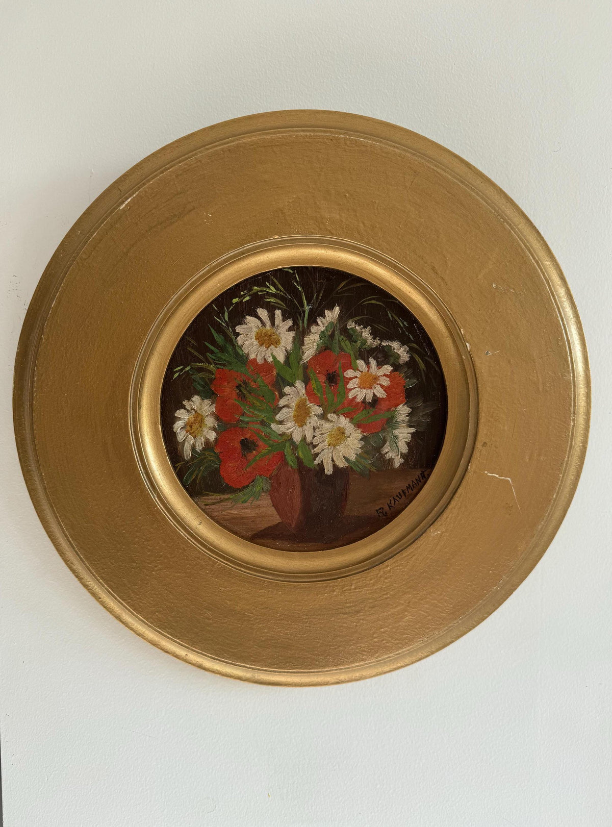 Tableau rond fleur peinture à l'huile vintage en bois doré