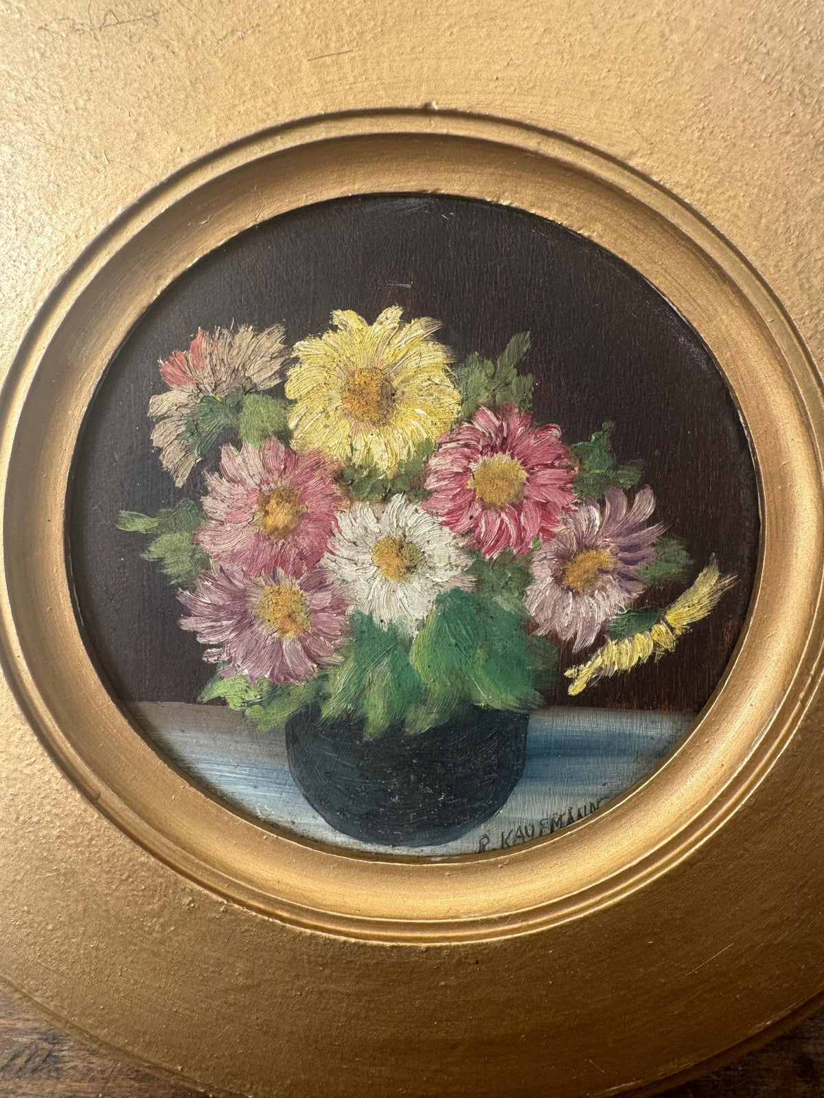 Tableau rond fleur peinture à l'huile vintage en bois doré