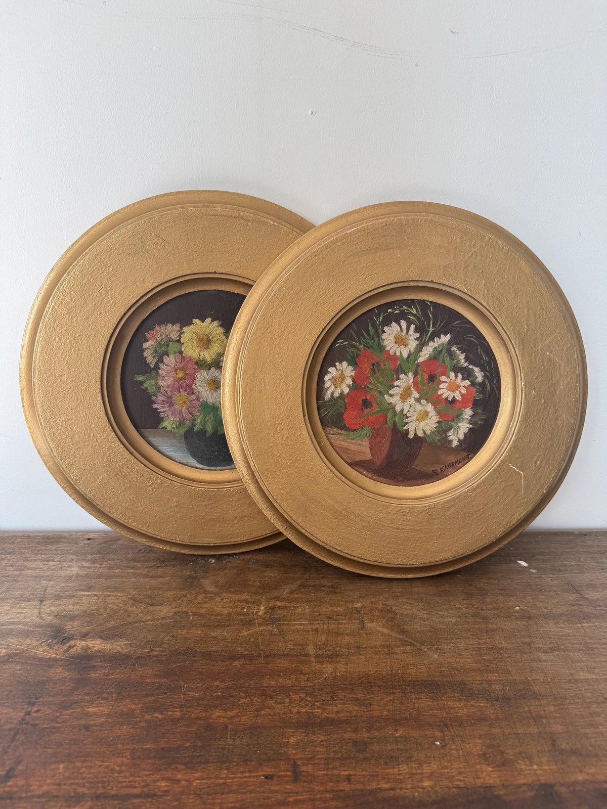 Tableau rond fleur peinture à l'huile vintage en bois doré