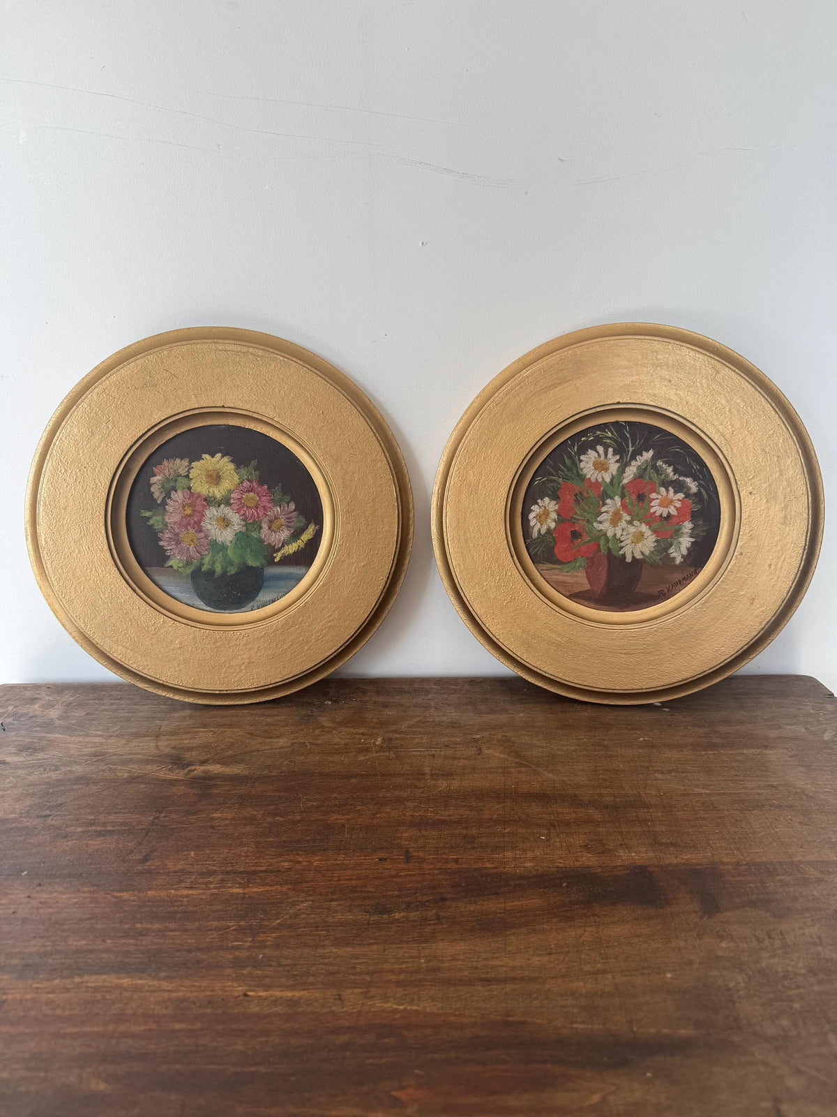 Tableau rond fleur peinture à l'huile vintage en bois doré