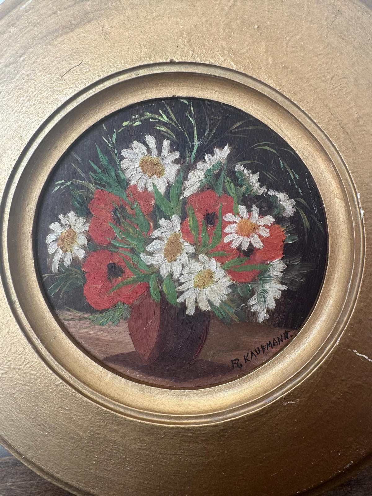 Tableau rond fleur peinture à l'huile vintage en bois doré