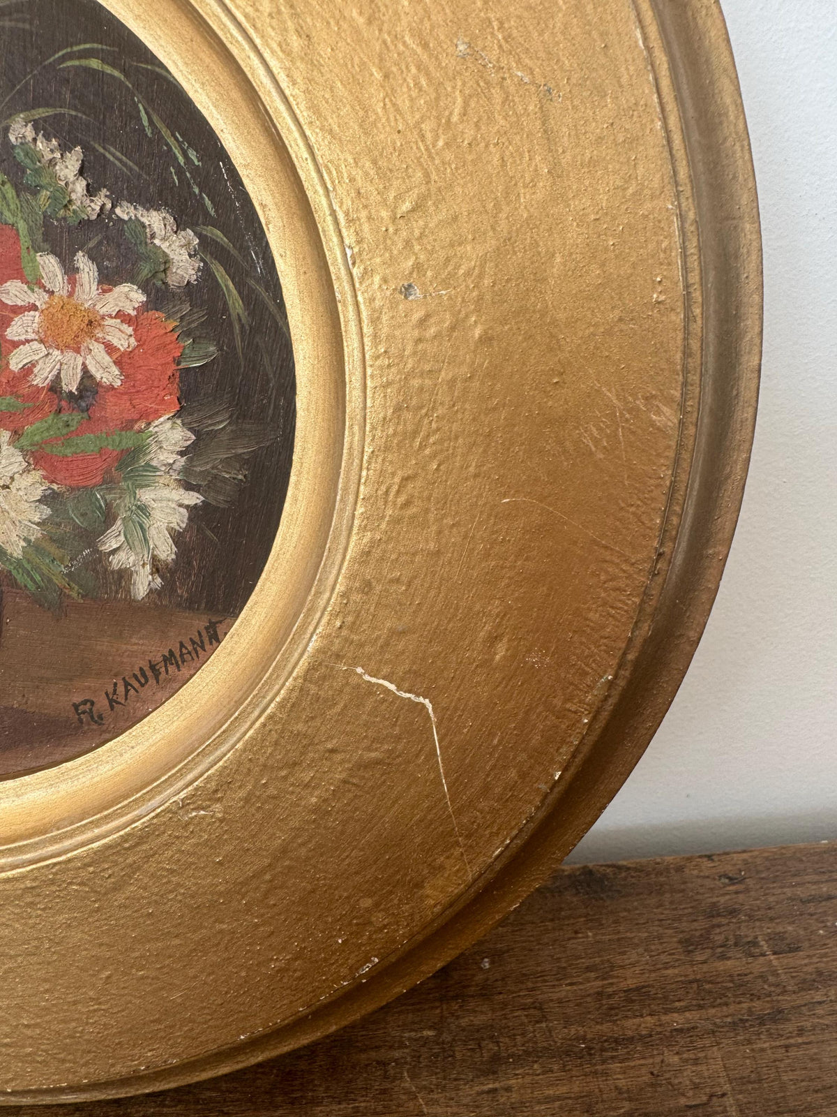 Tableau rond fleur peinture à l'huile vintage en bois doré