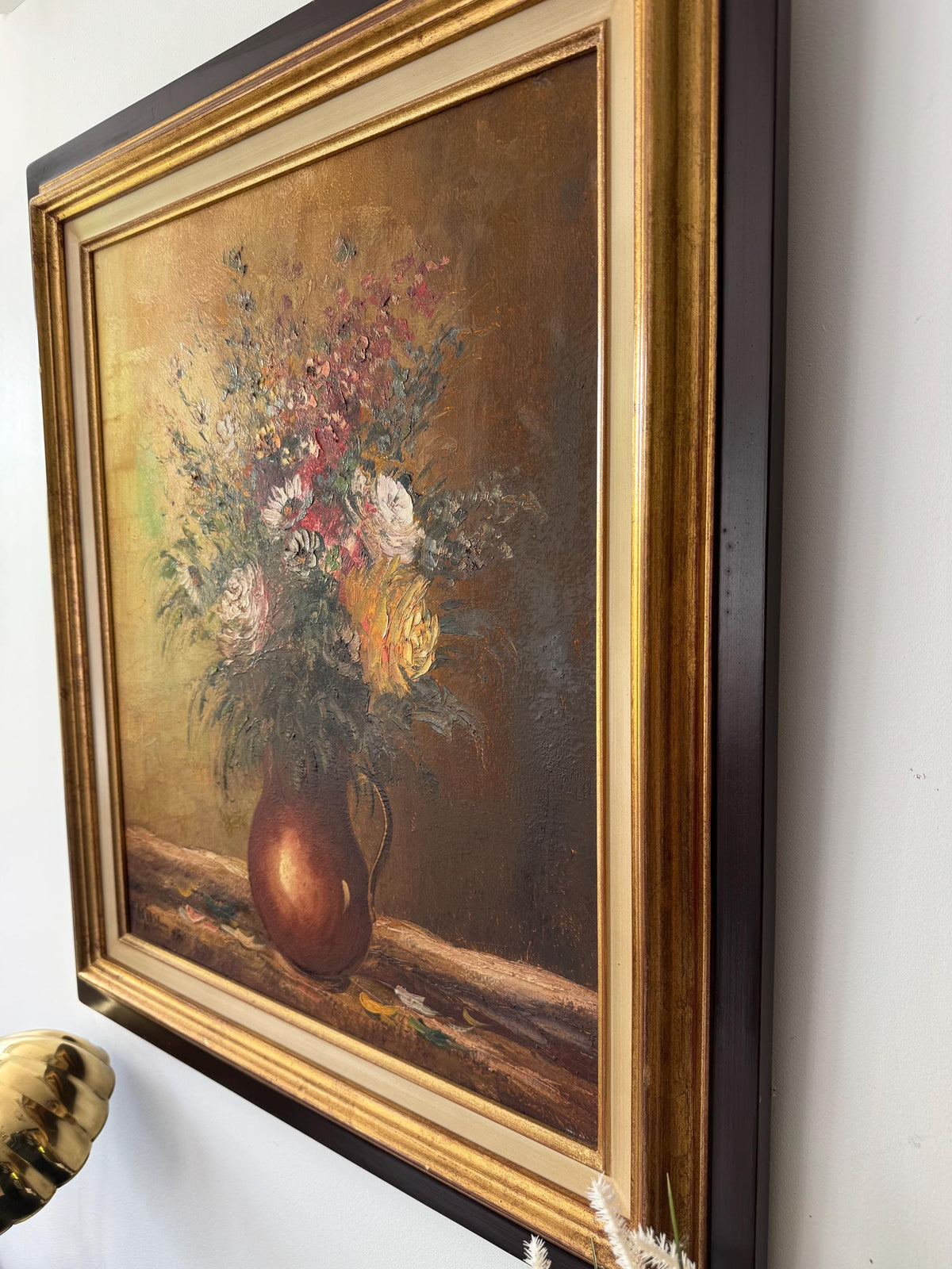 Tableau fleurs peinture à l'huile cadre en bois vintage