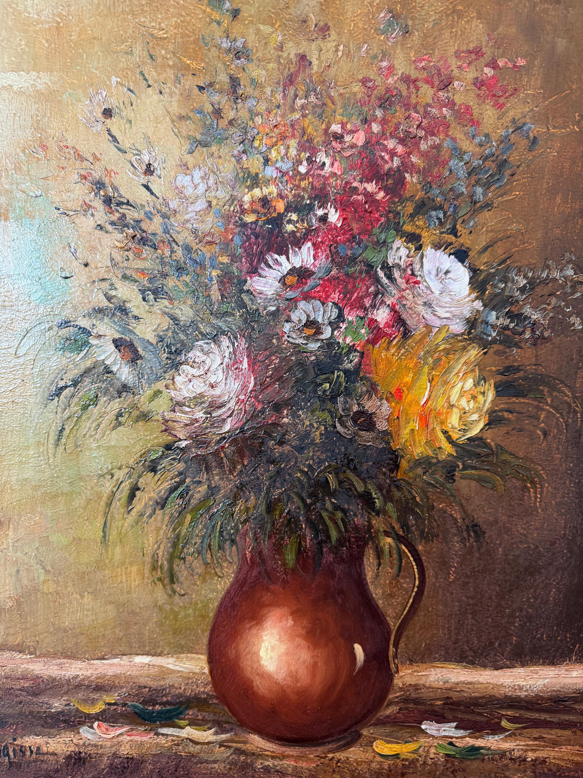 Tableau fleurs peinture à l'huile cadre en bois vintage