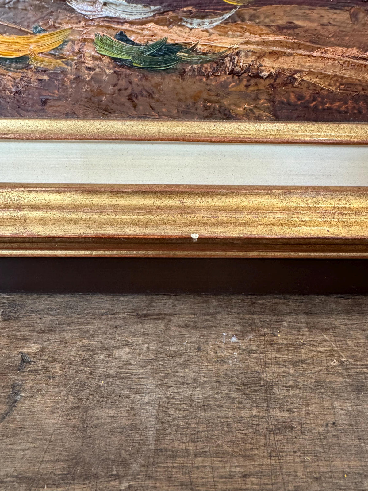 Tableau fleurs peinture à l'huile cadre en bois vintage