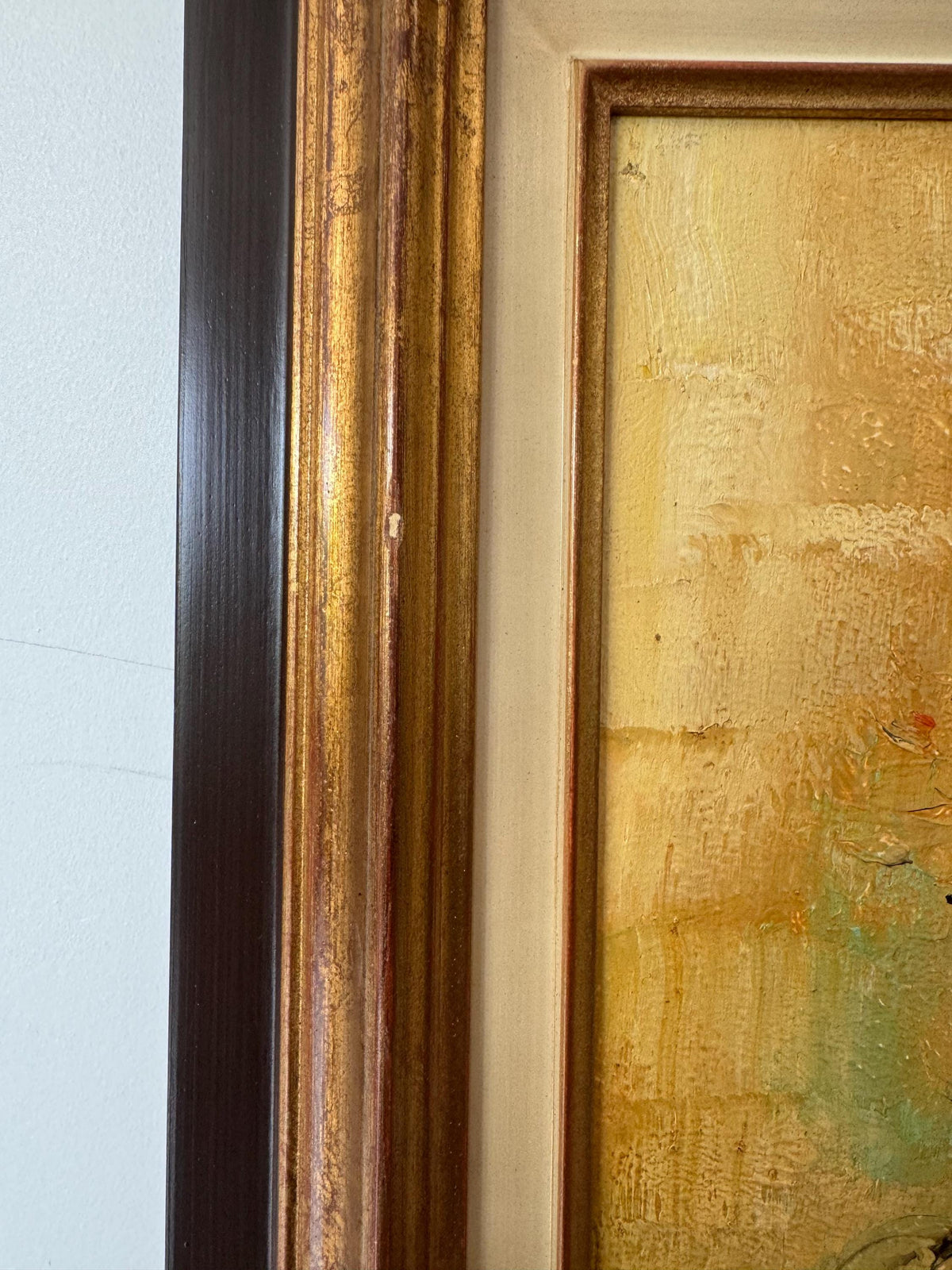 Tableau fleurs peinture à l'huile cadre en bois vintage