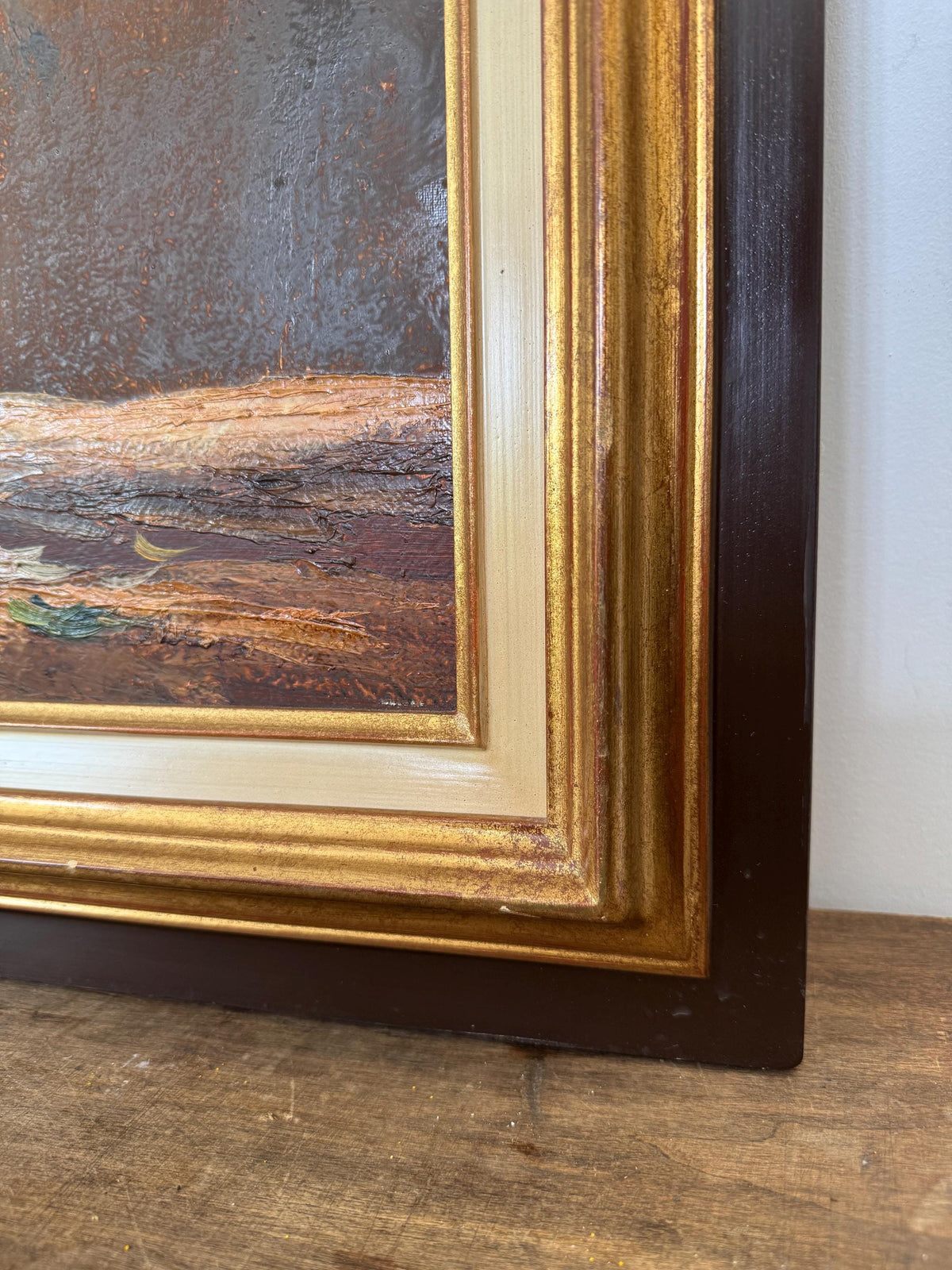 Tableau fleurs peinture à l'huile cadre en bois vintage