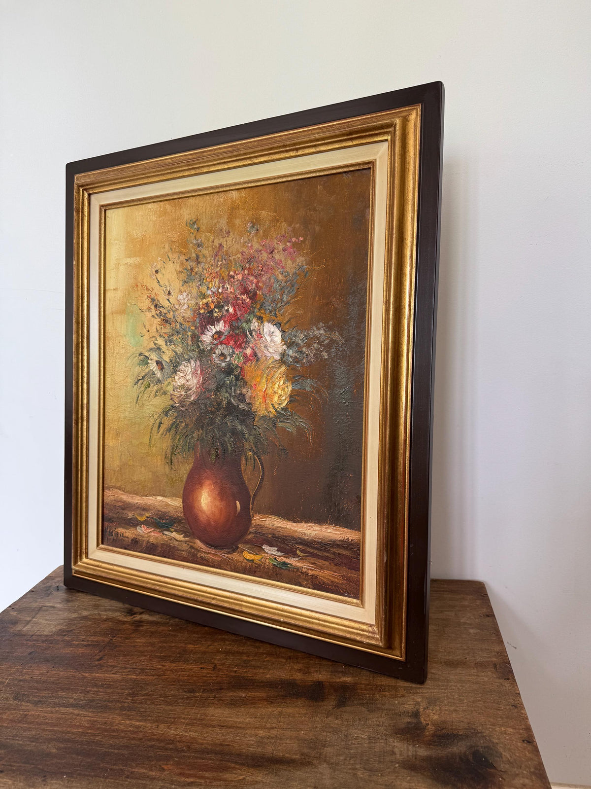 Tableau fleurs peinture à l'huile cadre en bois vintage