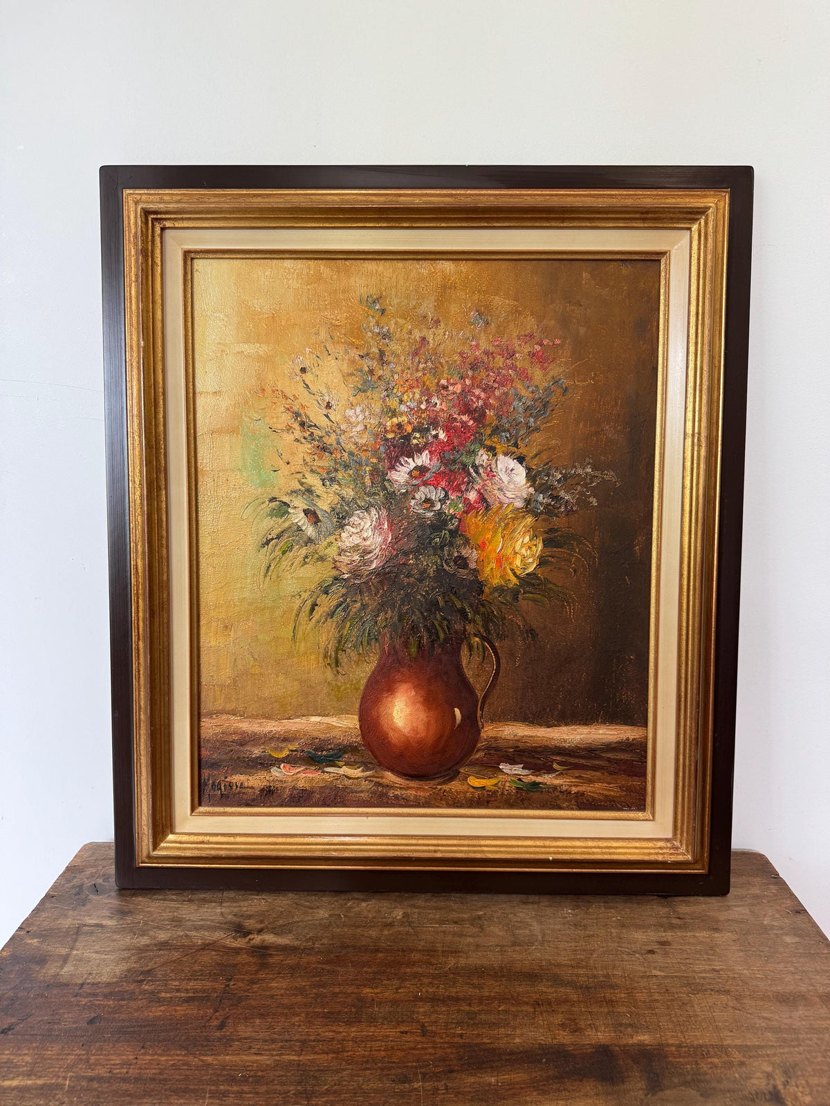 Tableau fleurs peinture à l'huile cadre en bois vintage