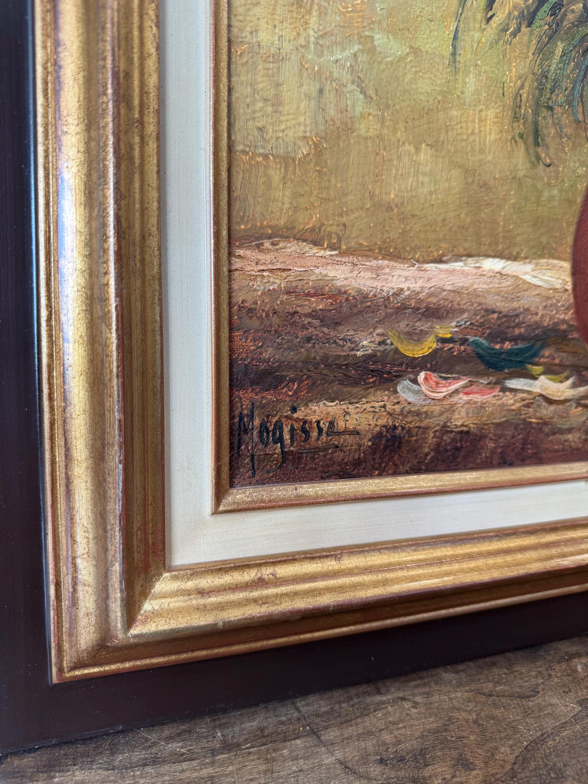 Tableau fleurs peinture à l'huile cadre en bois vintage